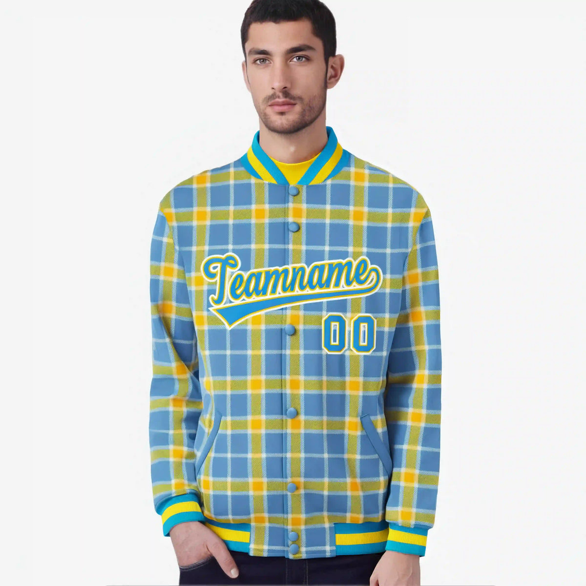 Custom Light Brown-Gold Varsity Full-Snap Plaid Pattern Letterman Baseball Jacket