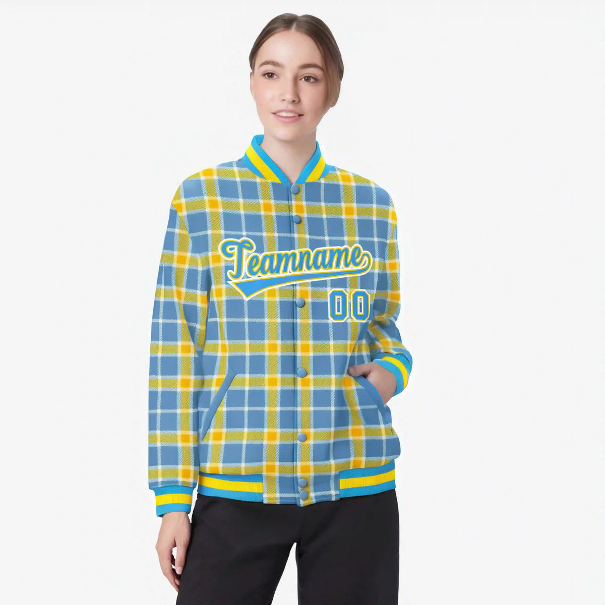 Custom Light Brown-Gold Varsity Full-Snap Plaid Pattern Letterman Baseball Jacket