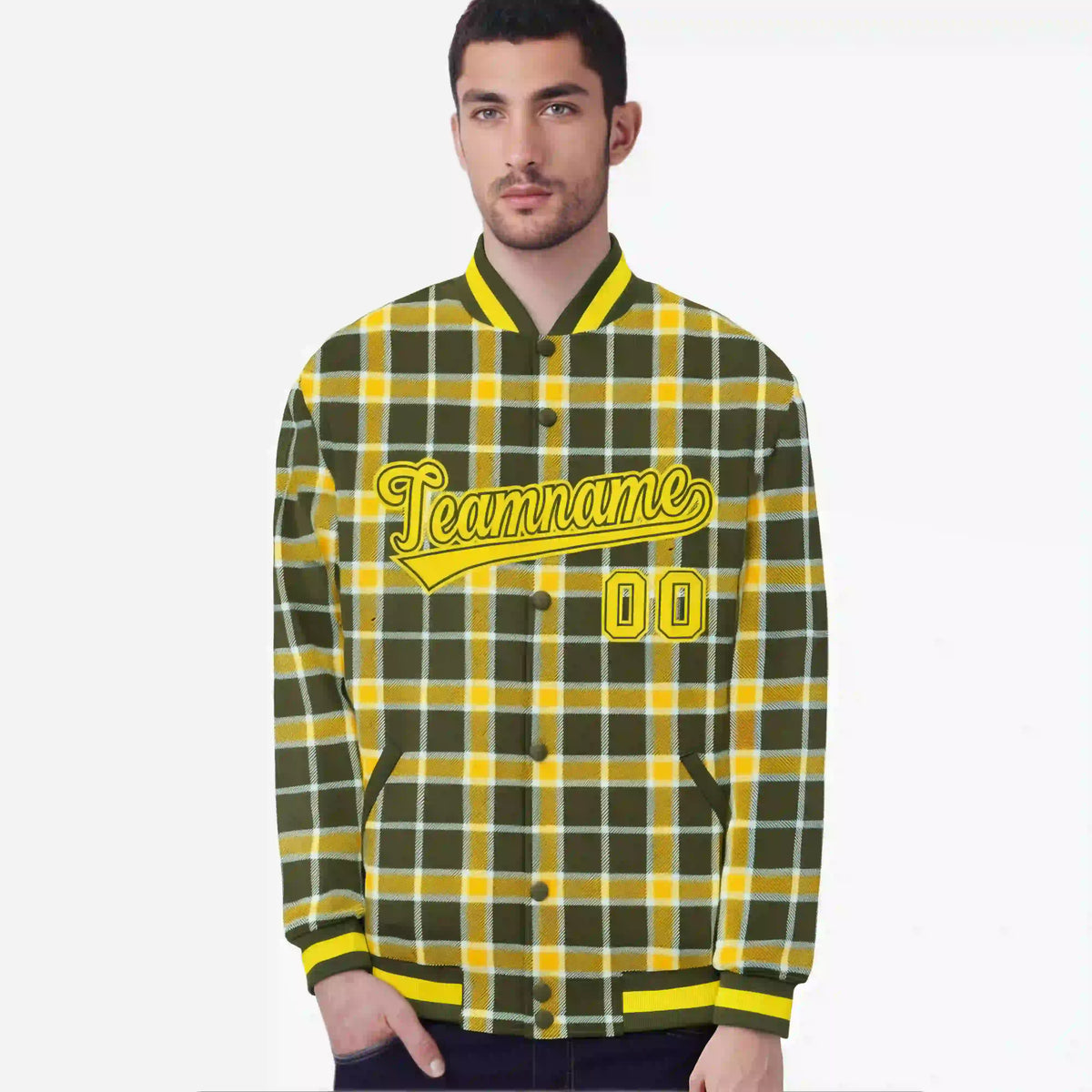 Custom Dark Gray-Gold Varsity Full-Snap Plaid Pattern Letterman Baseball Jacket
