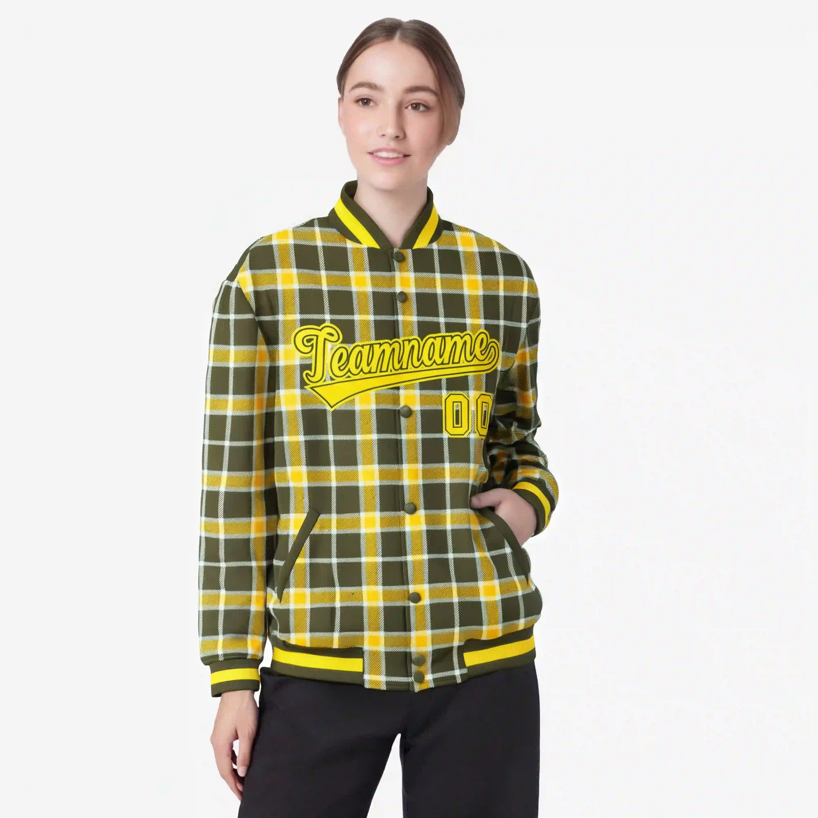 Custom Dark Gray-Gold Varsity Full-Snap Plaid Pattern Letterman Baseball Jacket