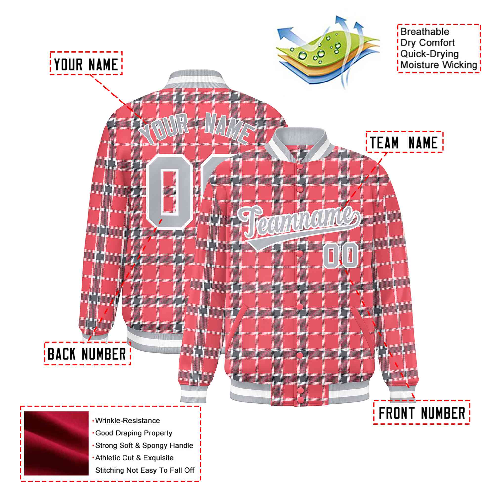 Custom Light Red-Crimson Varsity Full-Snap Plaid Pattern Letterman Baseball Jacket