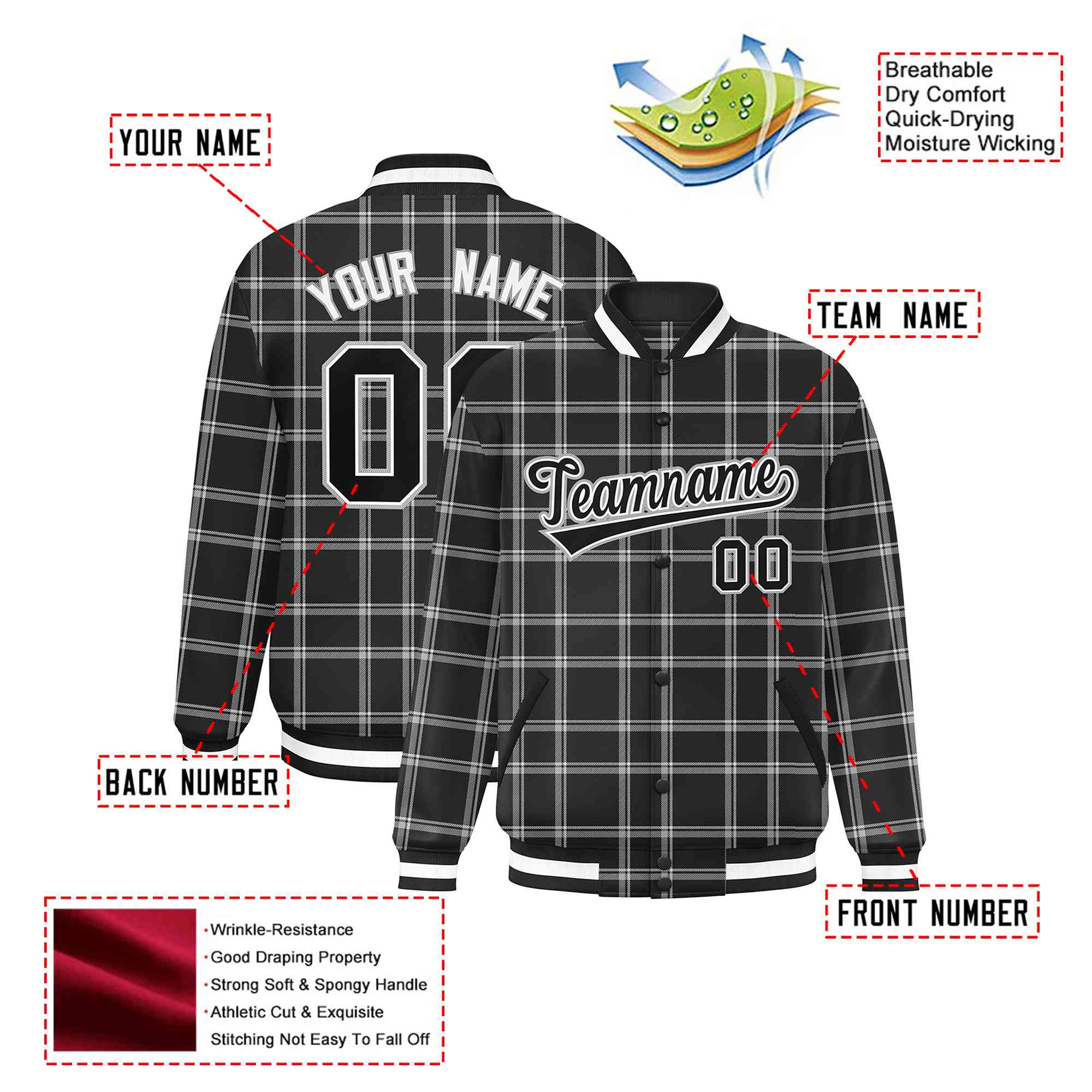 Custom Dark Gray-White Varsity Full-Snap Plaid Pattern Letterman Baseball Jacket