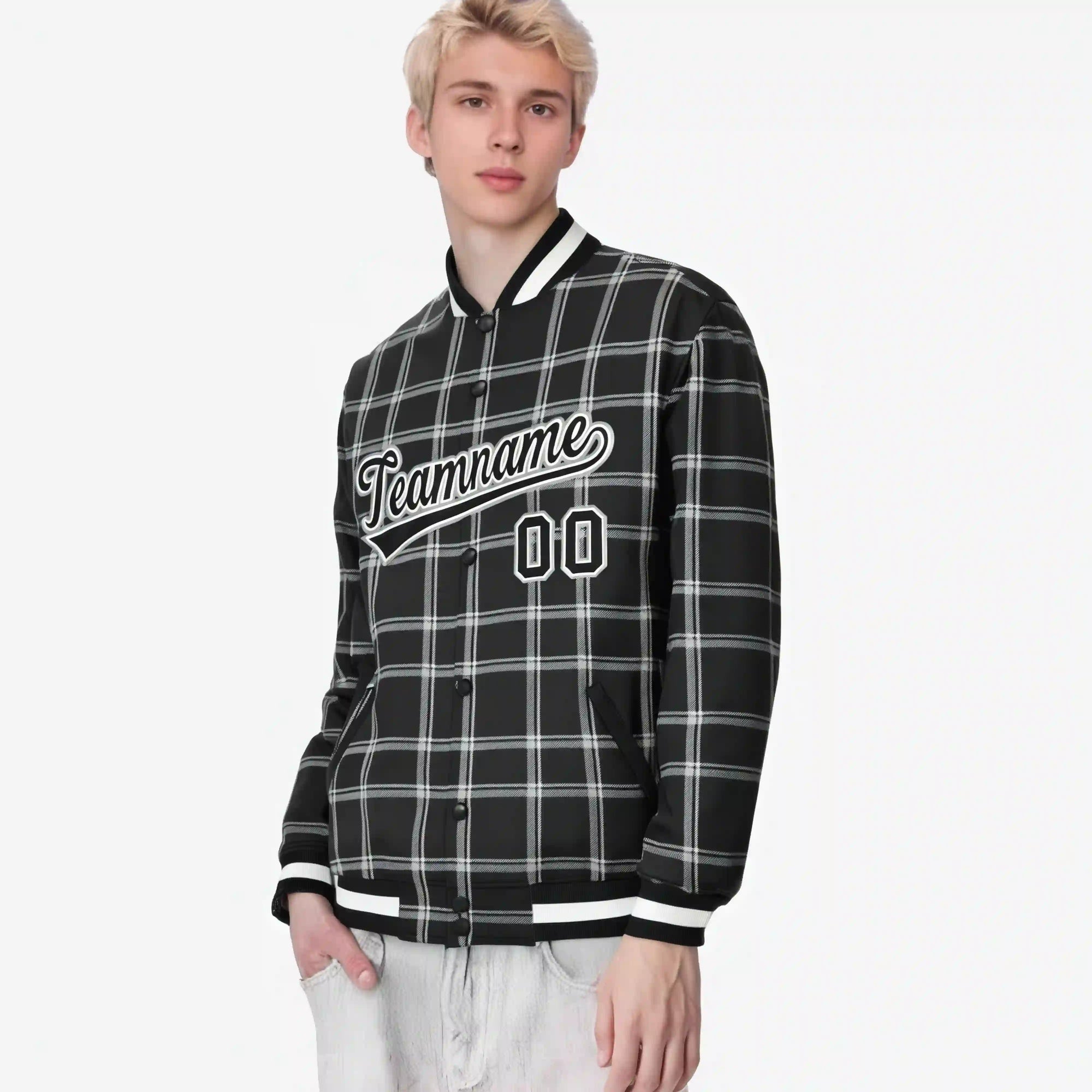 Custom Dark Gray-White Varsity Full-Snap Plaid Pattern Letterman Baseball Jacket