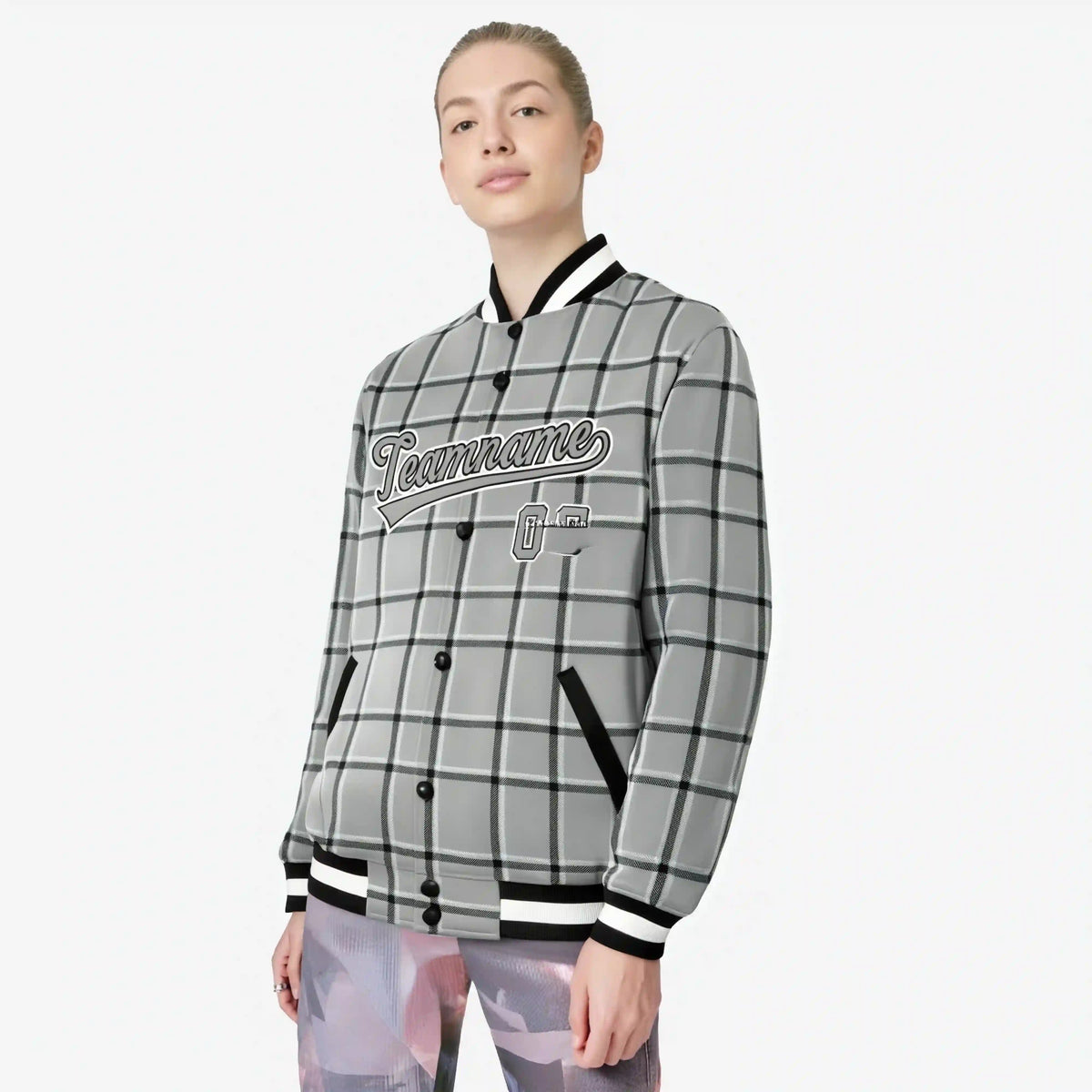 Custom Gray-Dark Gray Varsity Full-Snap Plaid Pattern Letterman Baseball Jacket