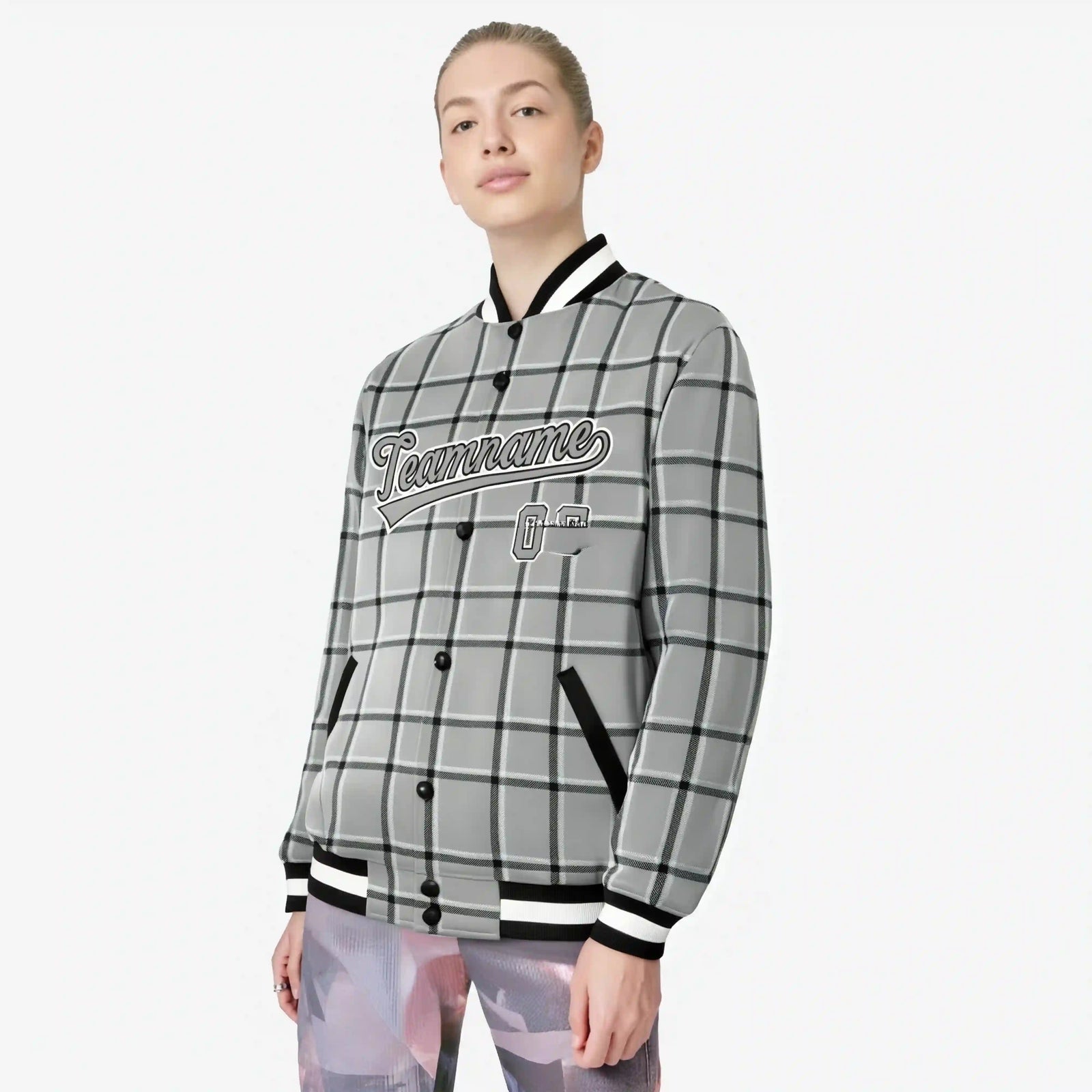 Custom Gray-Dark Gray Varsity Full-Snap Plaid Pattern Letterman Baseball Jacket