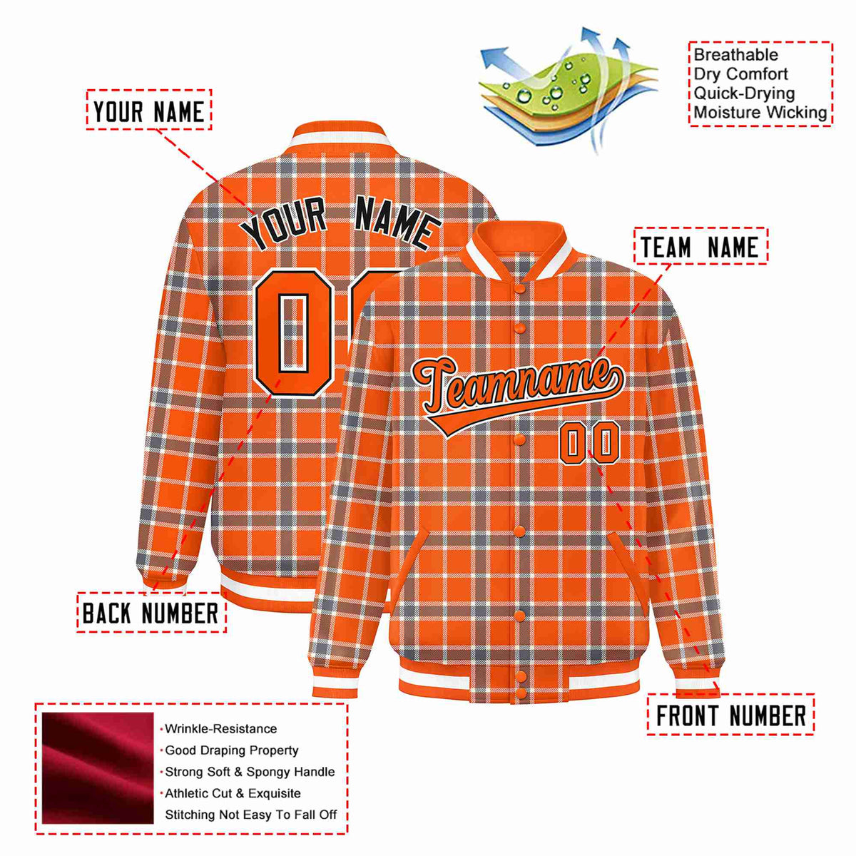 Custom Orange-Light Brown Varsity Full-Snap Plaid Pattern Letterman Baseball Jacket