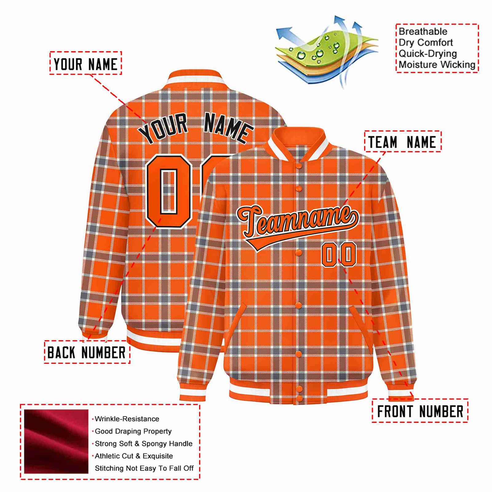 Custom Orange-Light Brown Varsity Full-Snap Plaid Pattern Letterman Baseball Jacket