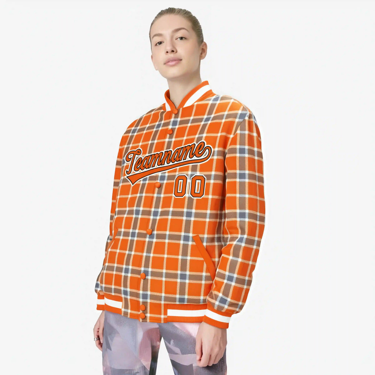 Custom Orange-Light Brown Varsity Full-Snap Plaid Pattern Letterman Baseball Jacket