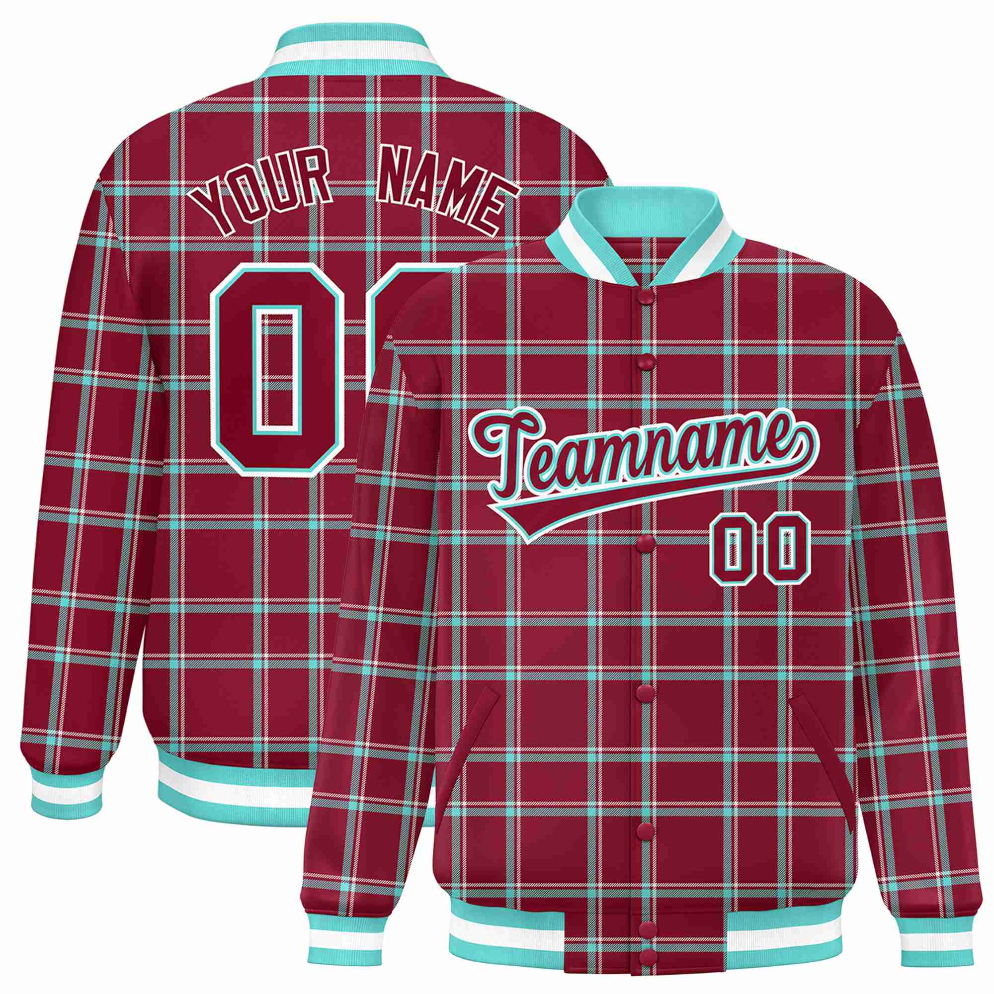 Custom Crimson-Aqua Varsity Full-Snap Plaid Pattern Letterman Baseball Jacket