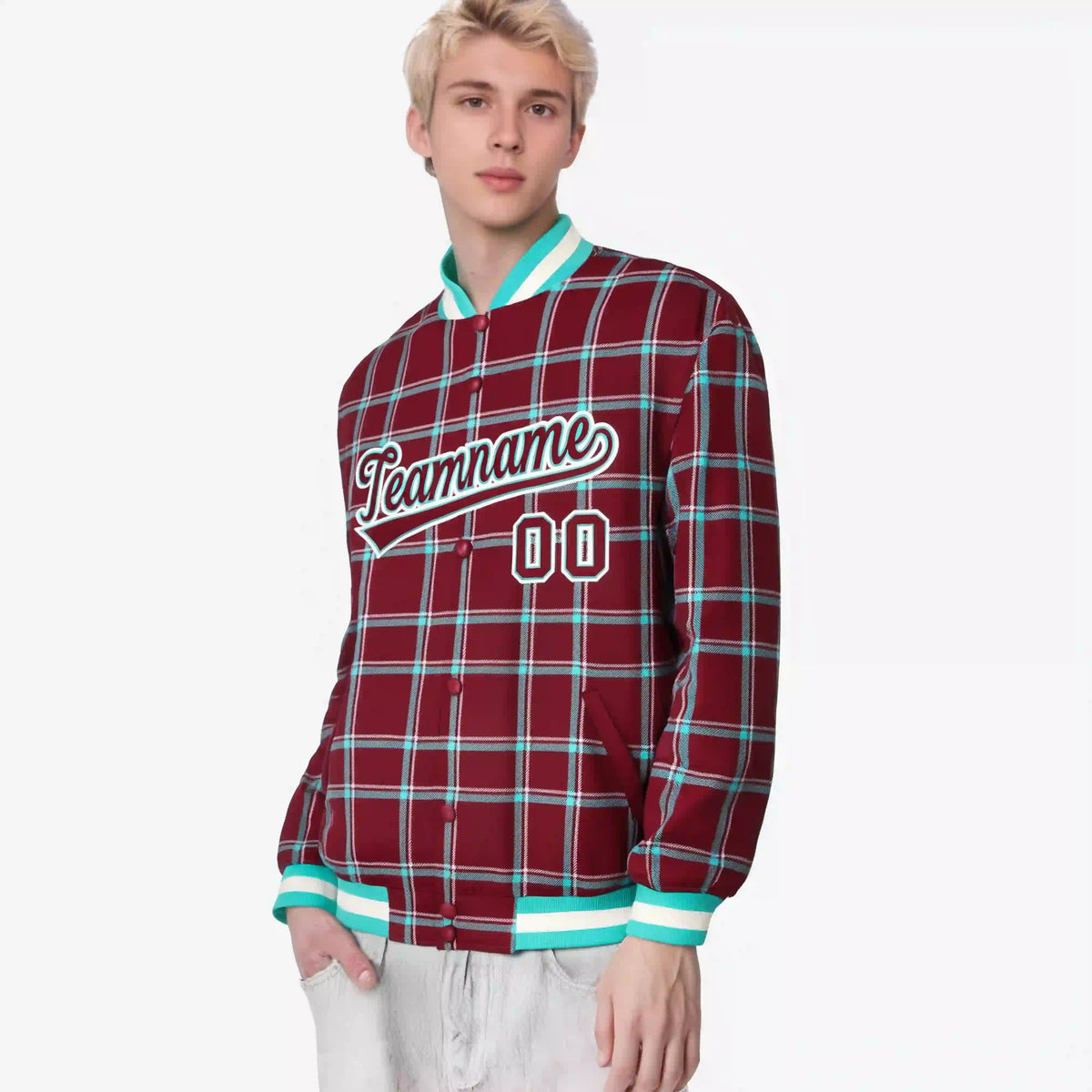 Custom Crimson-Aqua Varsity Full-Snap Plaid Pattern Letterman Baseball Jacket