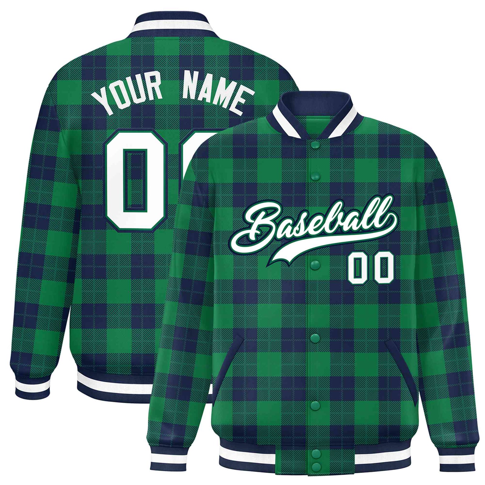 Custom Kelly Green-Navy Varsity Full-Snap Plaid Pattern Letterman Baseball Jacket