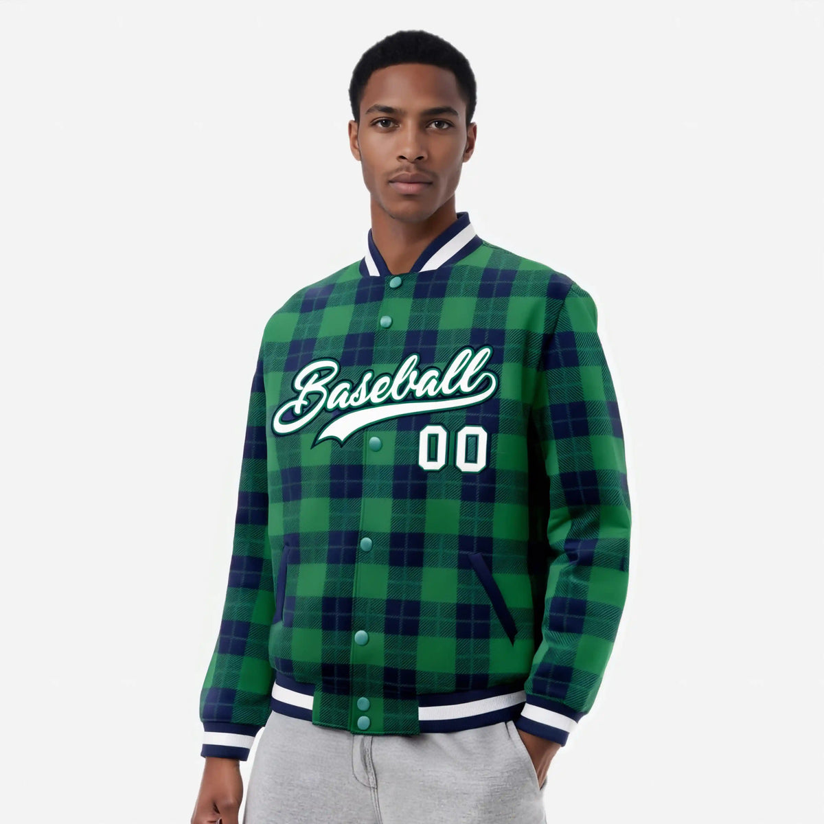 Custom Kelly Green-Navy Varsity Full-Snap Plaid Pattern Letterman Baseball Jacket