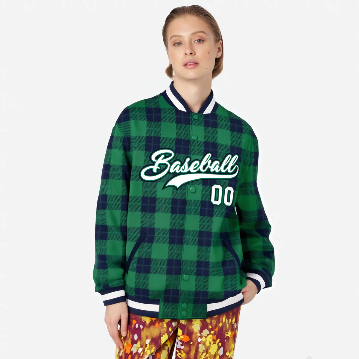 Custom Kelly Green-Navy Varsity Full-Snap Plaid Pattern Letterman Baseball Jacket