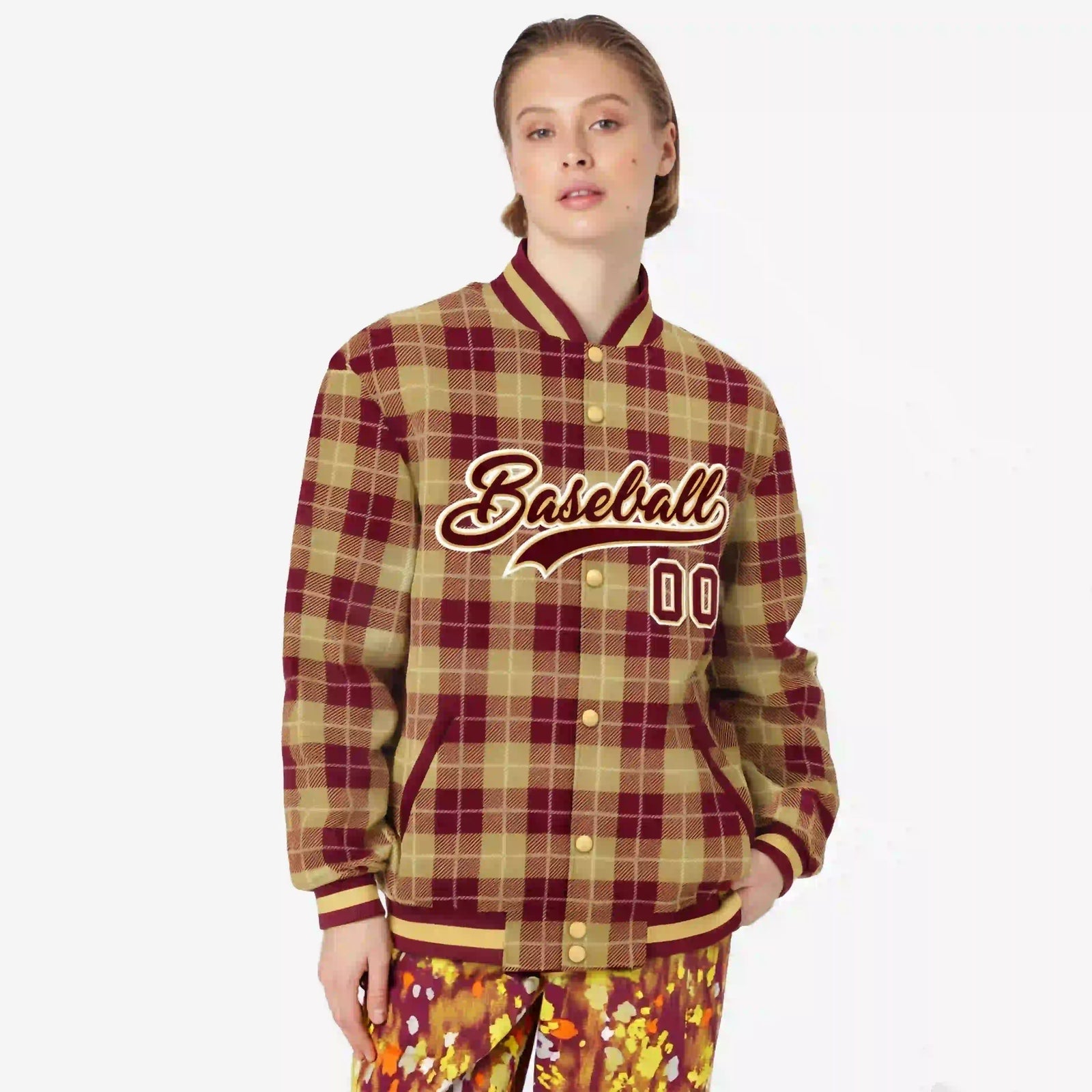 Custom Red-Gold Varsity Full-Snap Plaid Pattern Letterman Baseball Jacket