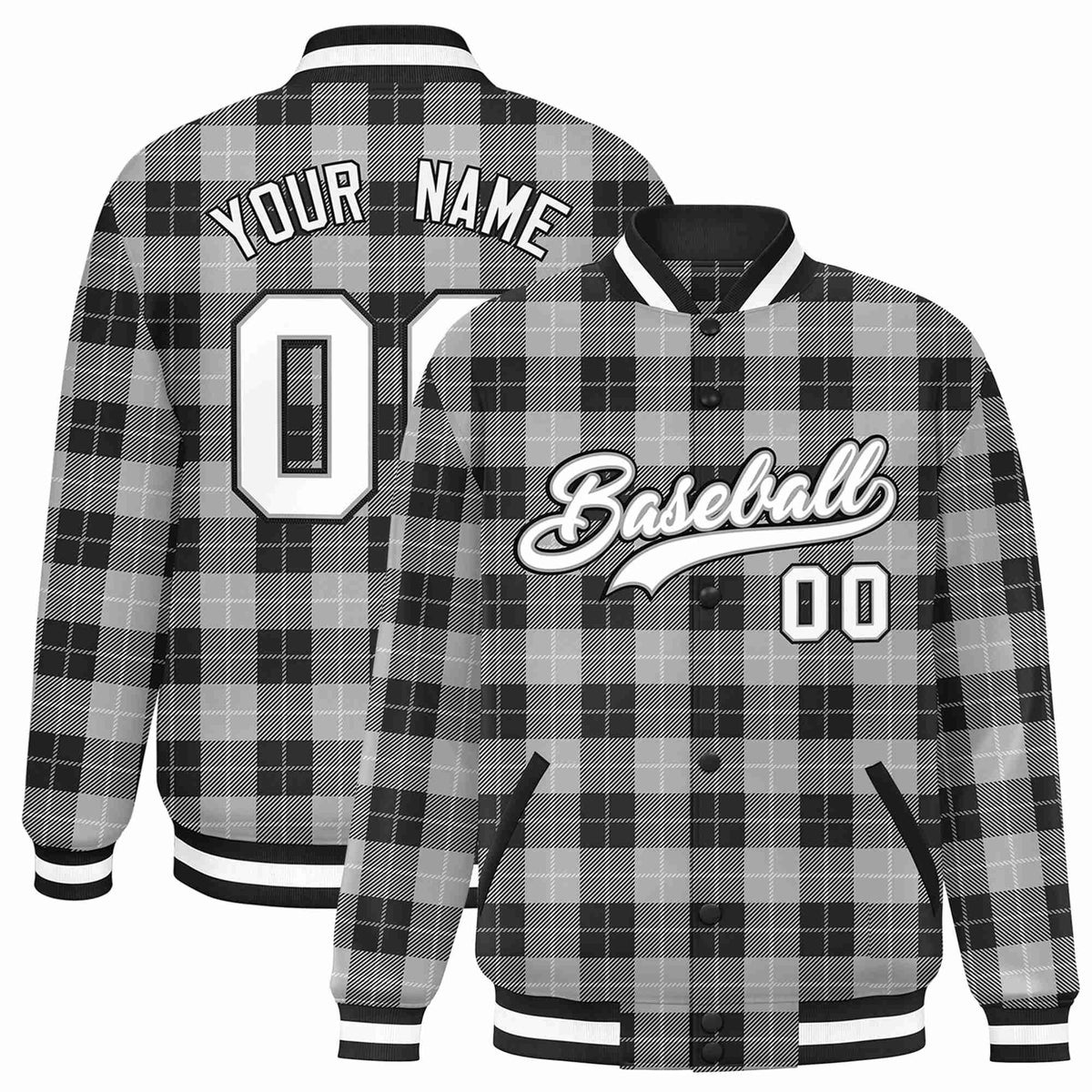 Custom Gray-Black Varsity Full-Snap Plaid Pattern Letterman Baseball Jacket