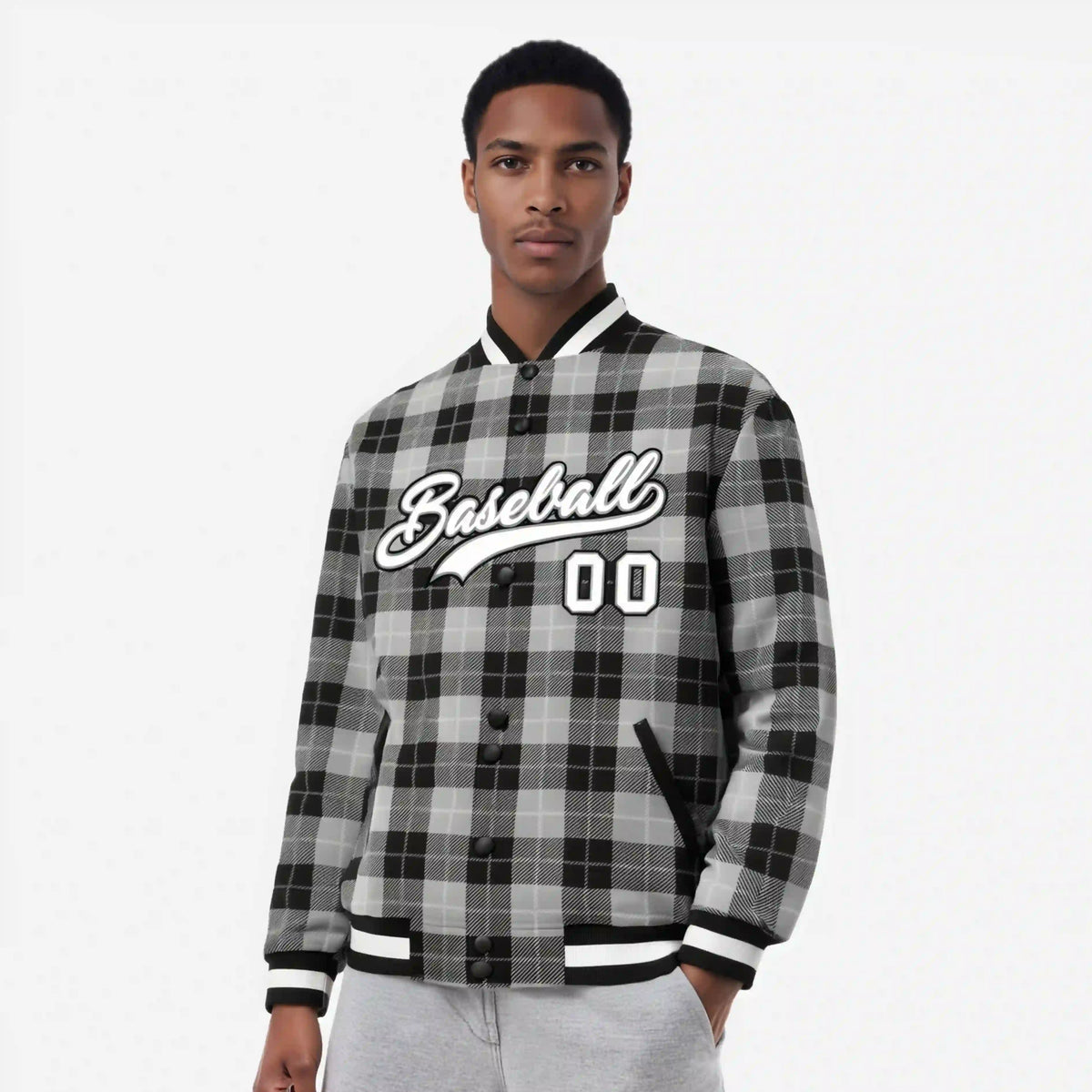 Custom Gray-Black Varsity Full-Snap Plaid Pattern Letterman Baseball Jacket