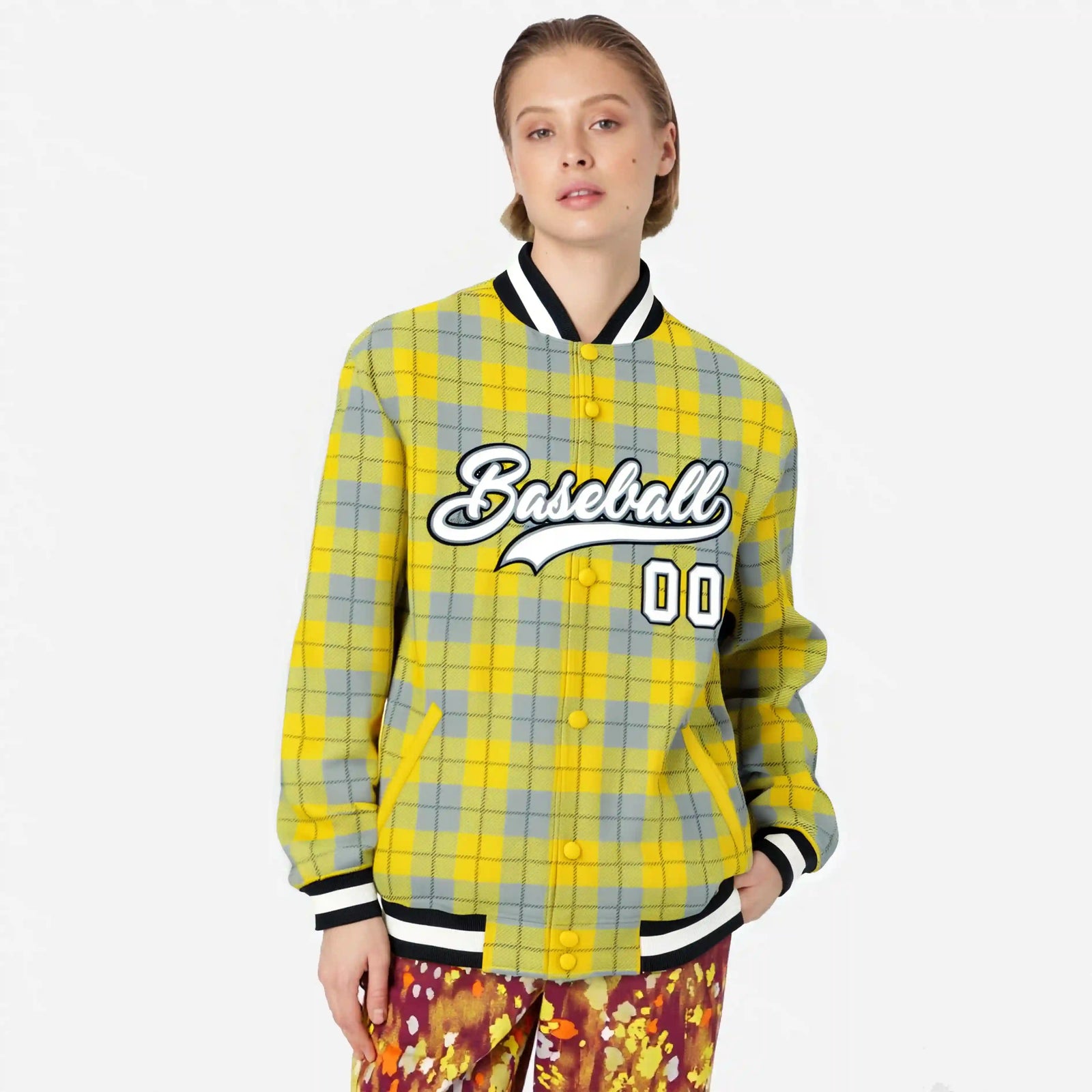 Custom Gold-Gray Varsity Full-Snap Plaid Pattern Letterman Baseball Jacket