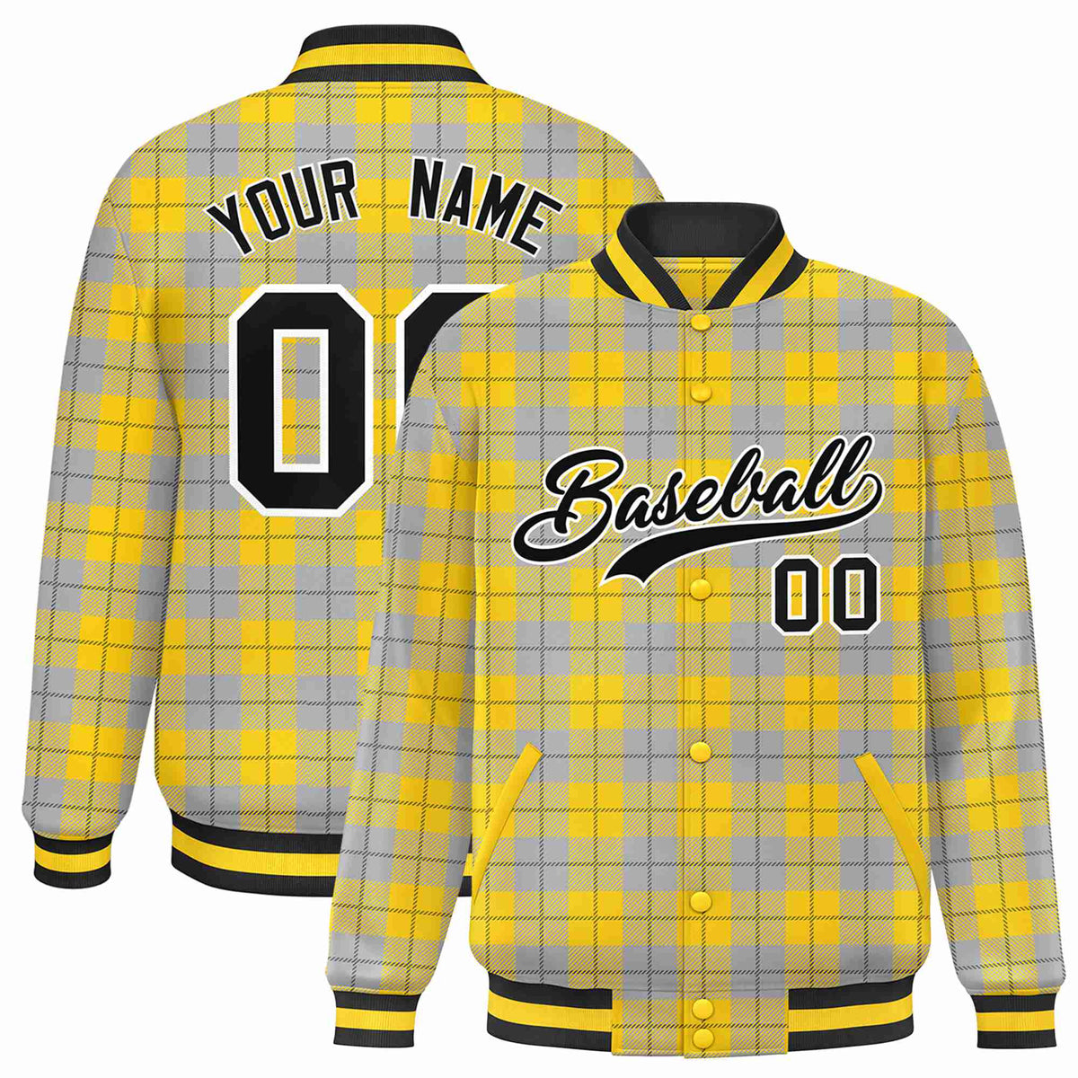 Custom Gold-Gray Varsity Full-Snap Plaid Pattern Letterman Baseball Jacket
