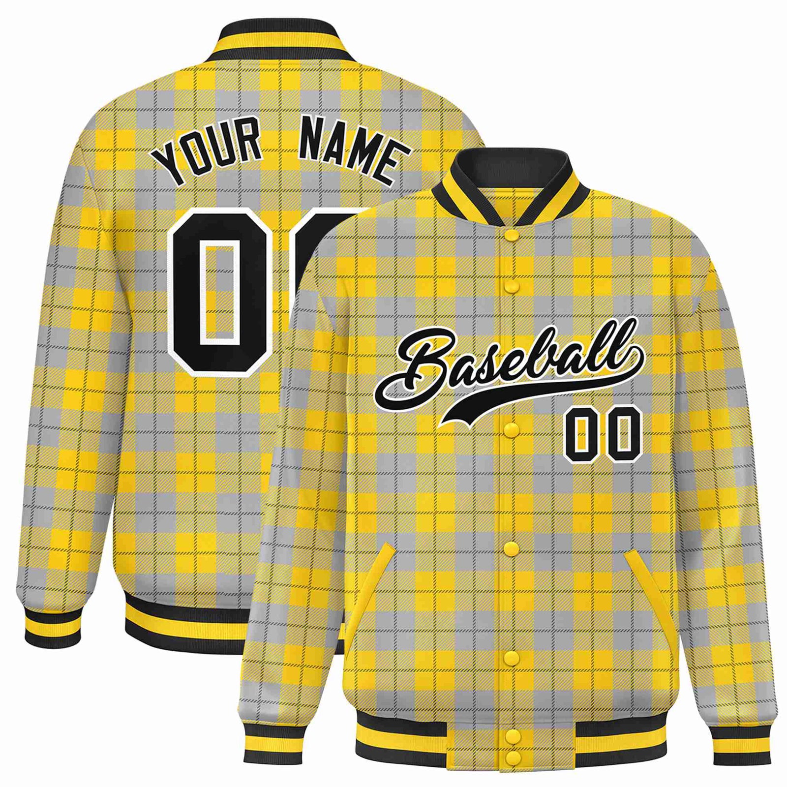 Custom Gold-Gray Varsity Full-Snap Plaid Pattern Letterman Baseball Jacket