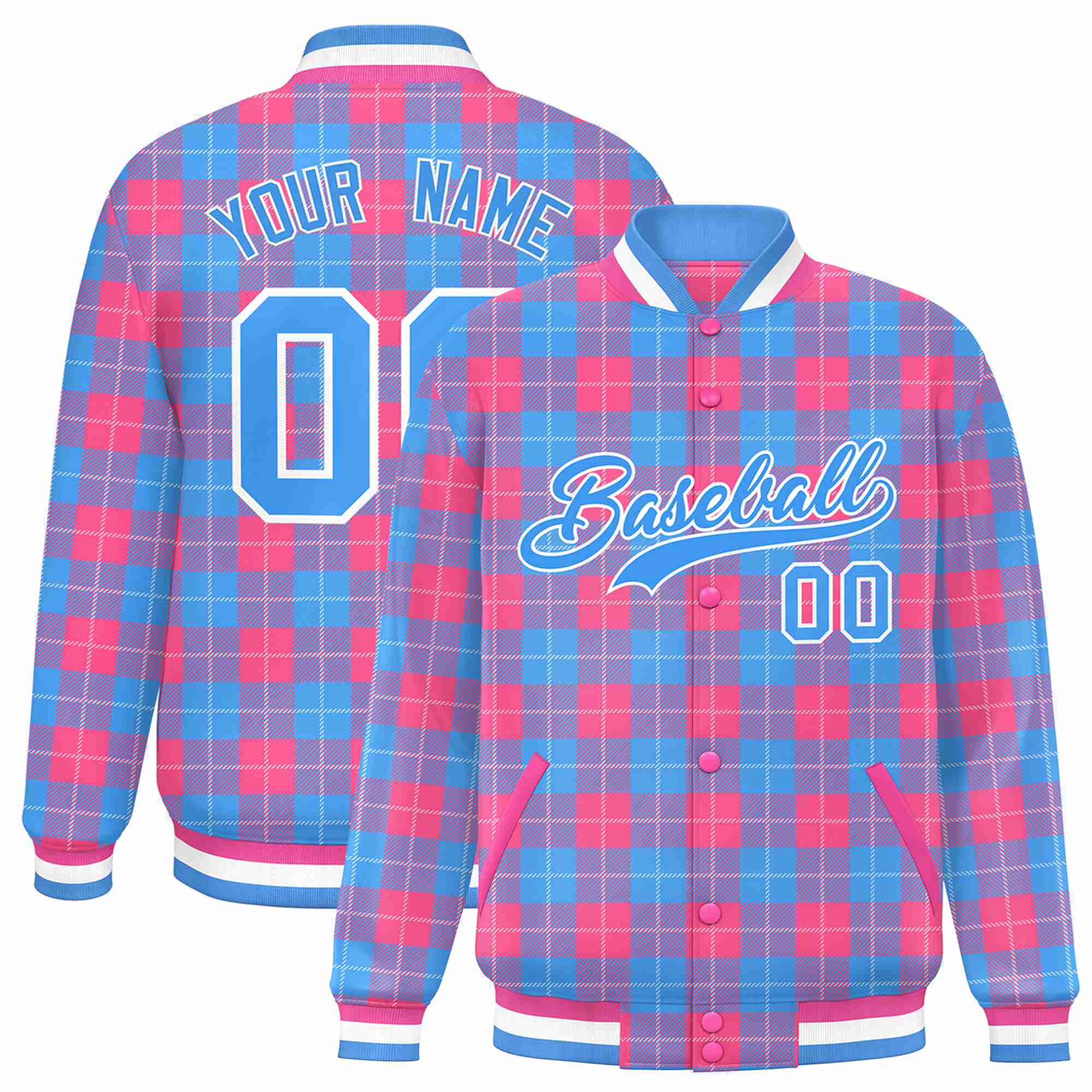 Custom Powder Blue-Pink Varsity Full-Snap Plaid Pattern Letterman Baseball Jacket