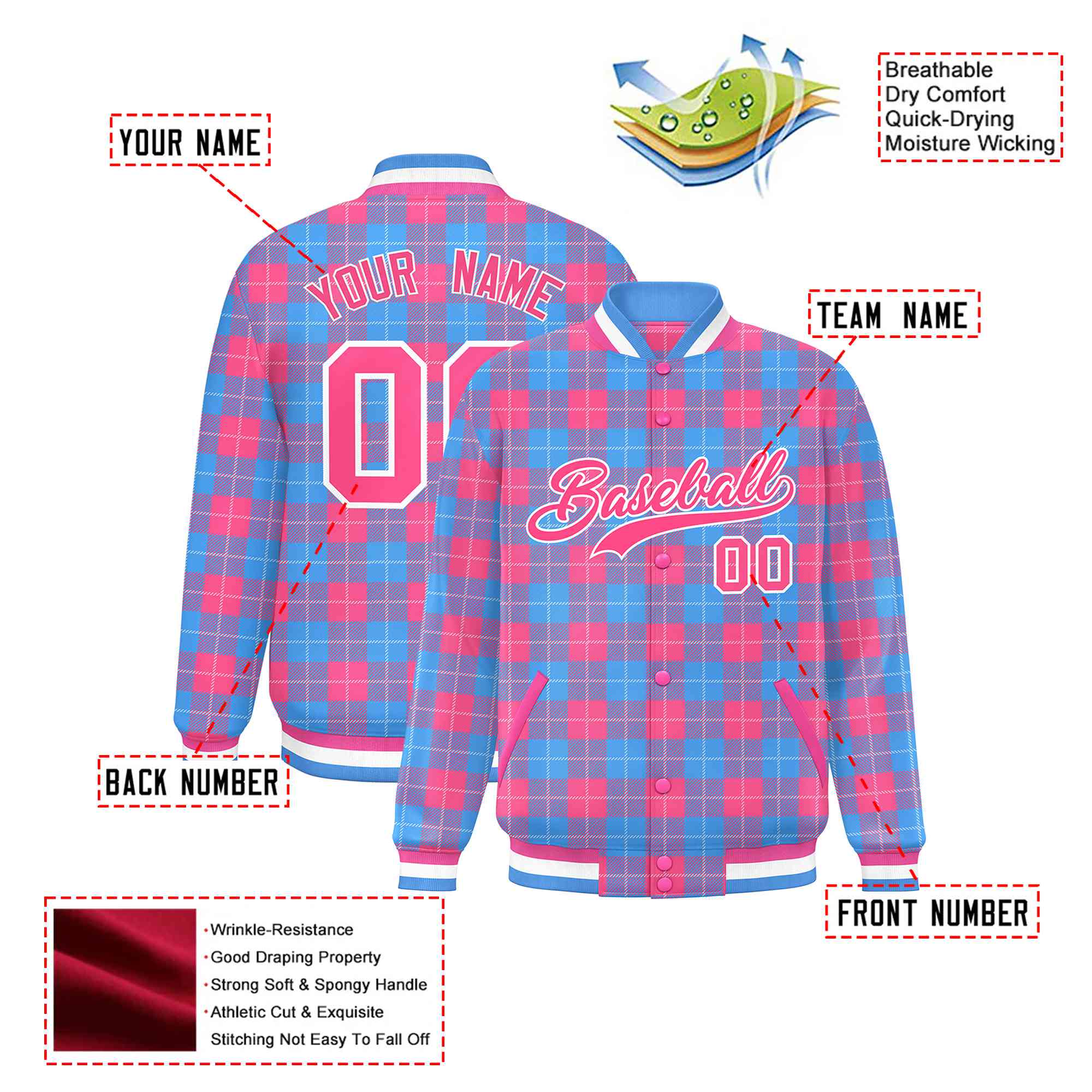 Custom Powder Blue-Pink Varsity Full-Snap Plaid Pattern Letterman Baseball Jacket