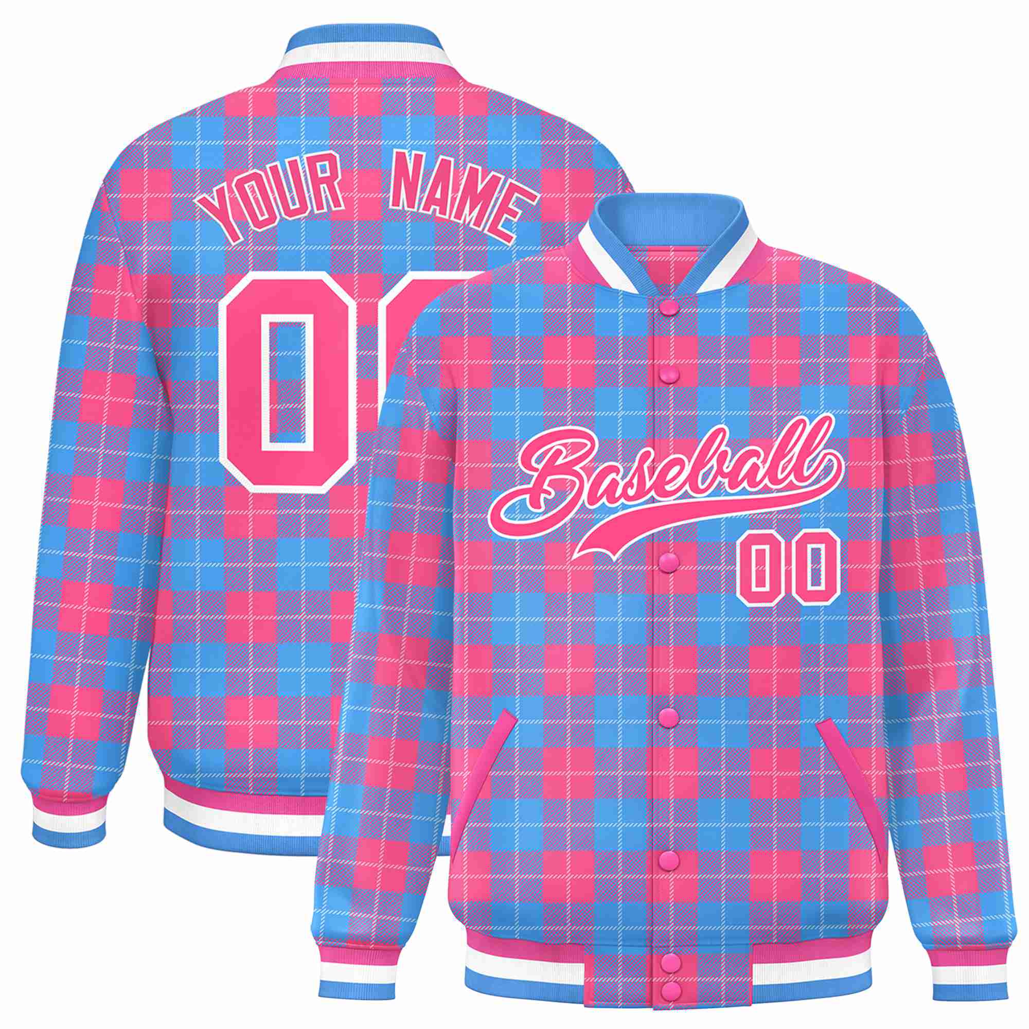 Custom Powder Blue-Pink Varsity Full-Snap Plaid Pattern Letterman Baseball Jacket