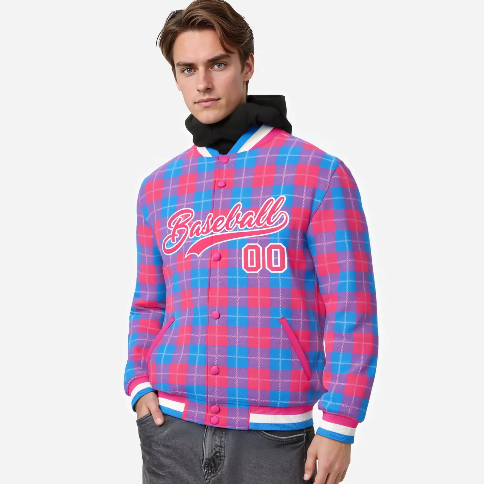 Custom Powder Blue-Pink Varsity Full-Snap Plaid Pattern Letterman Baseball Jacket