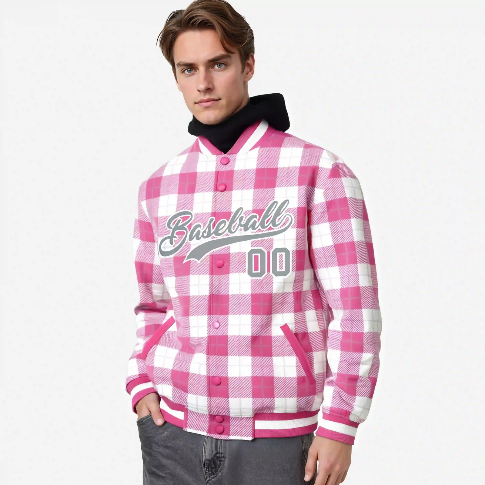 Custom Pink-White Varsity Full-Snap Plaid Pattern Letterman Baseball Jacket