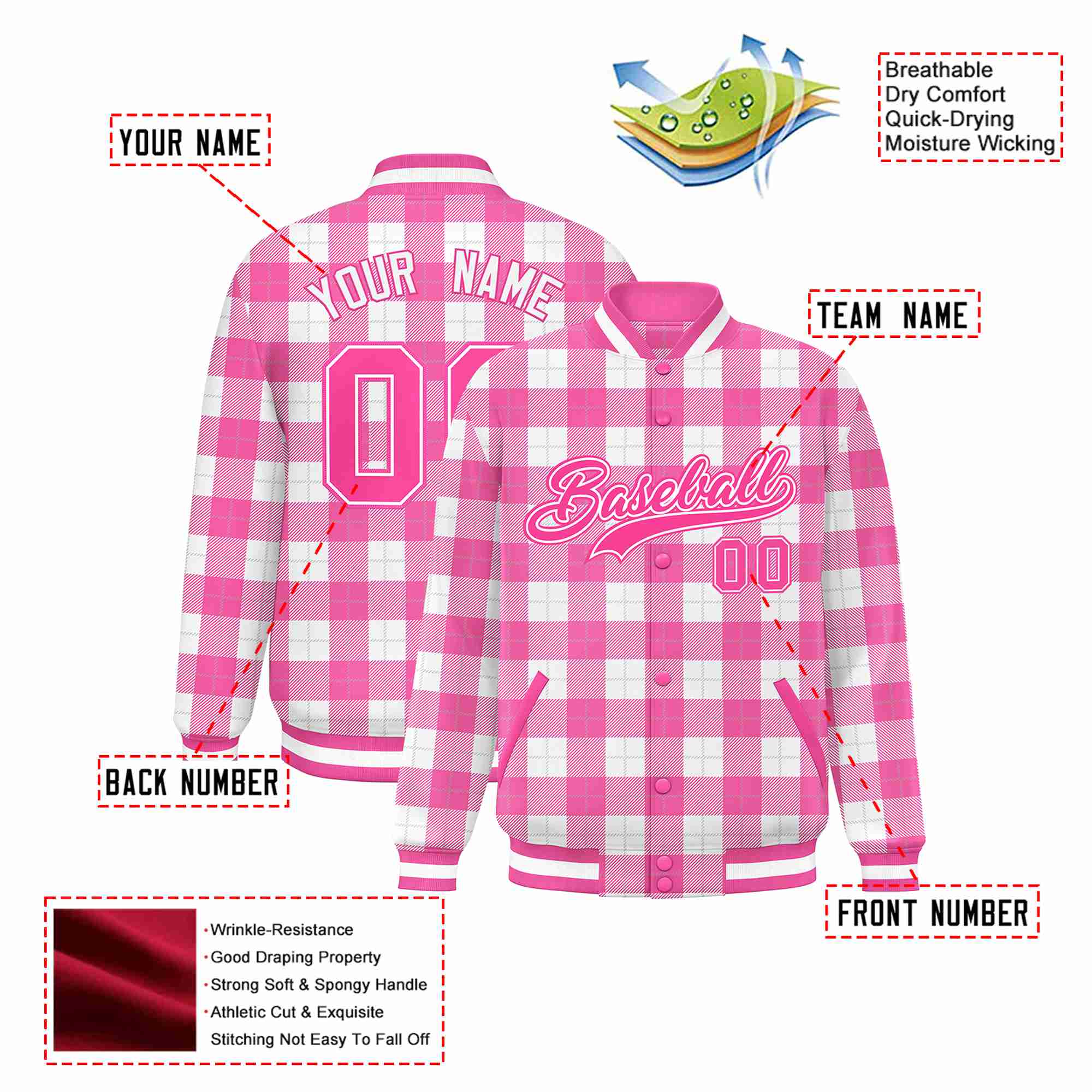 Custom Pink-White Varsity Full-Snap Plaid Pattern Letterman Baseball Jacket