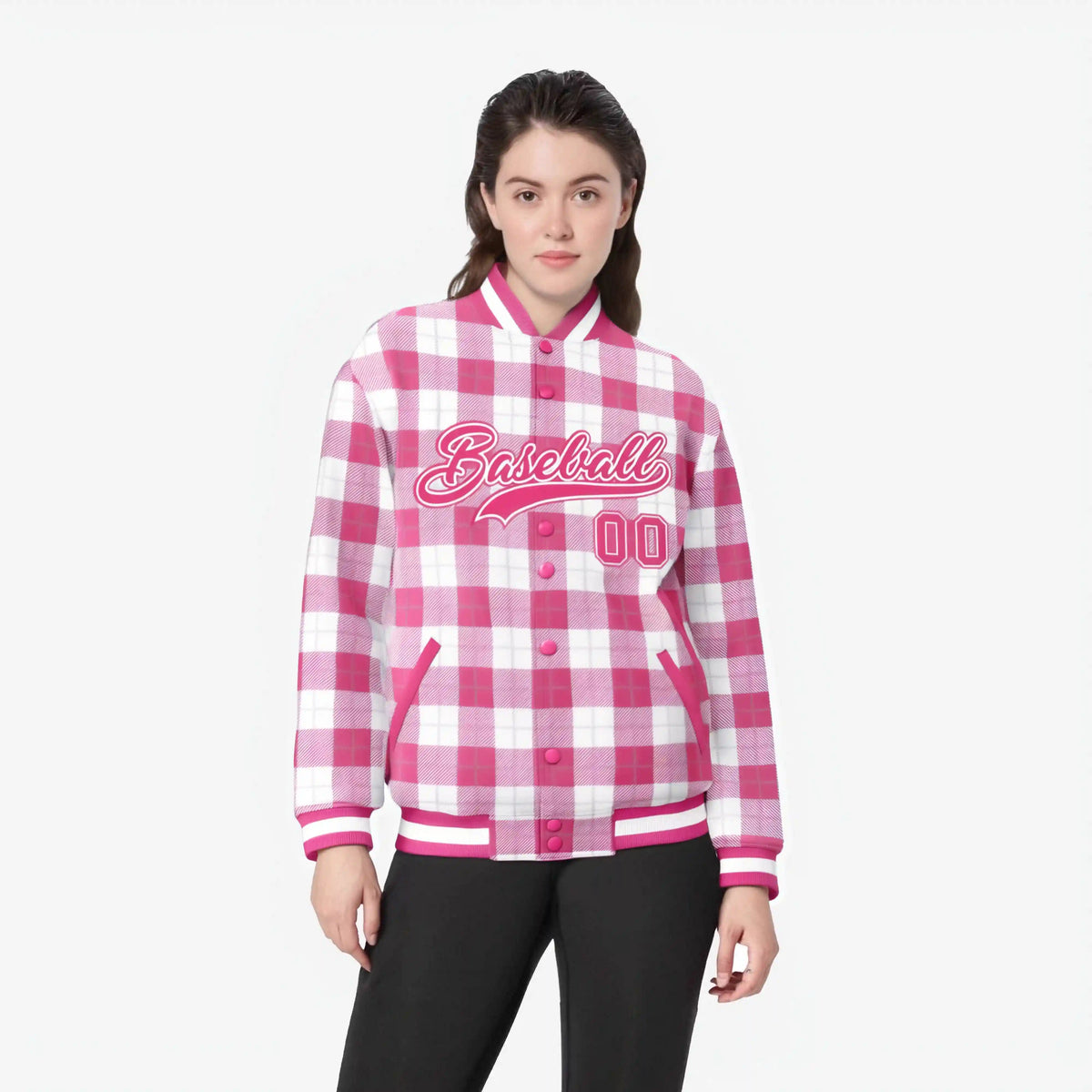 Custom Pink-White Varsity Full-Snap Plaid Pattern Letterman Baseball Jacket