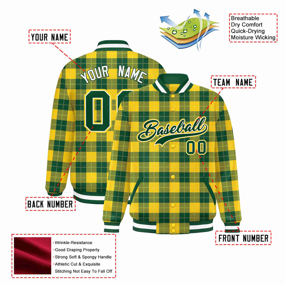 Custom Gold-Green Varsity Full-Snap Plaid Pattern Letterman Baseball Jacket