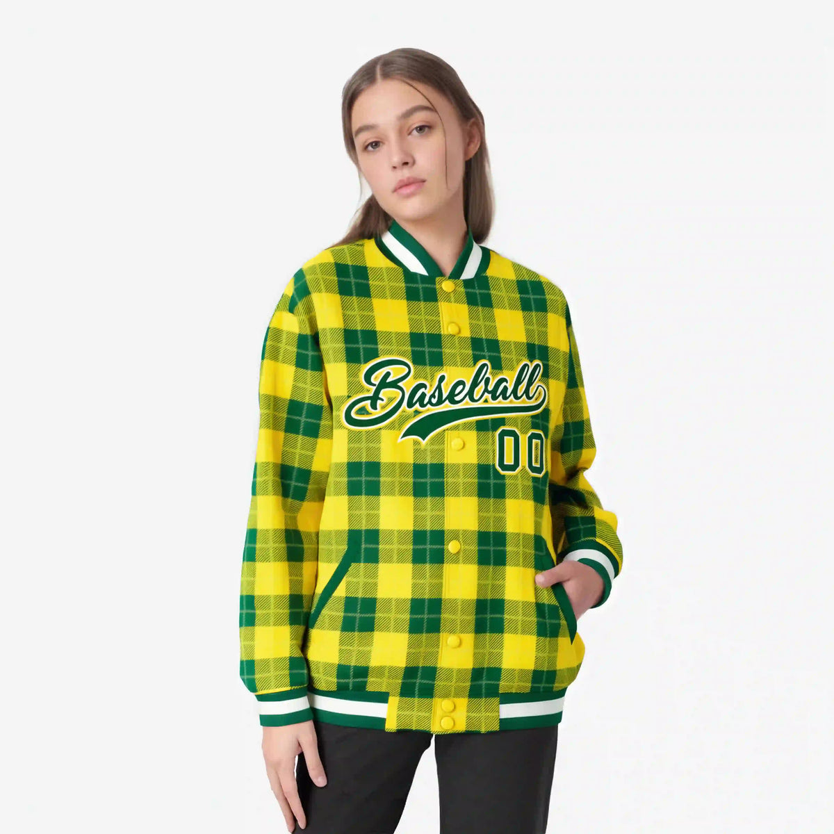 Custom Gold-Green Varsity Full-Snap Plaid Pattern Letterman Baseball Jacket