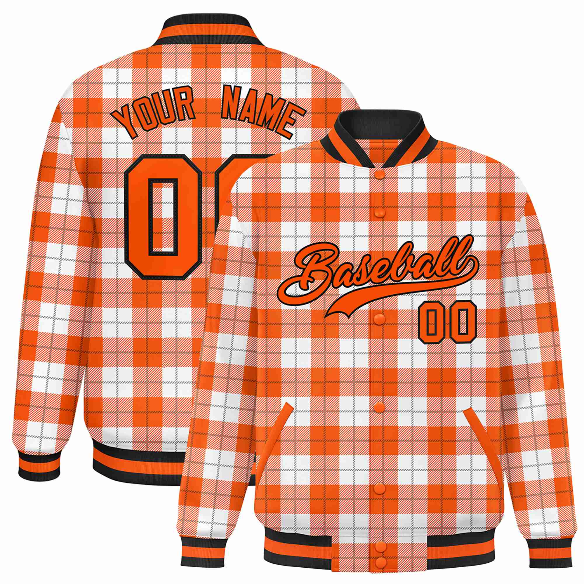 Custom Orange-White Varsity Full-Snap Plaid Pattern Letterman Baseball Jacket