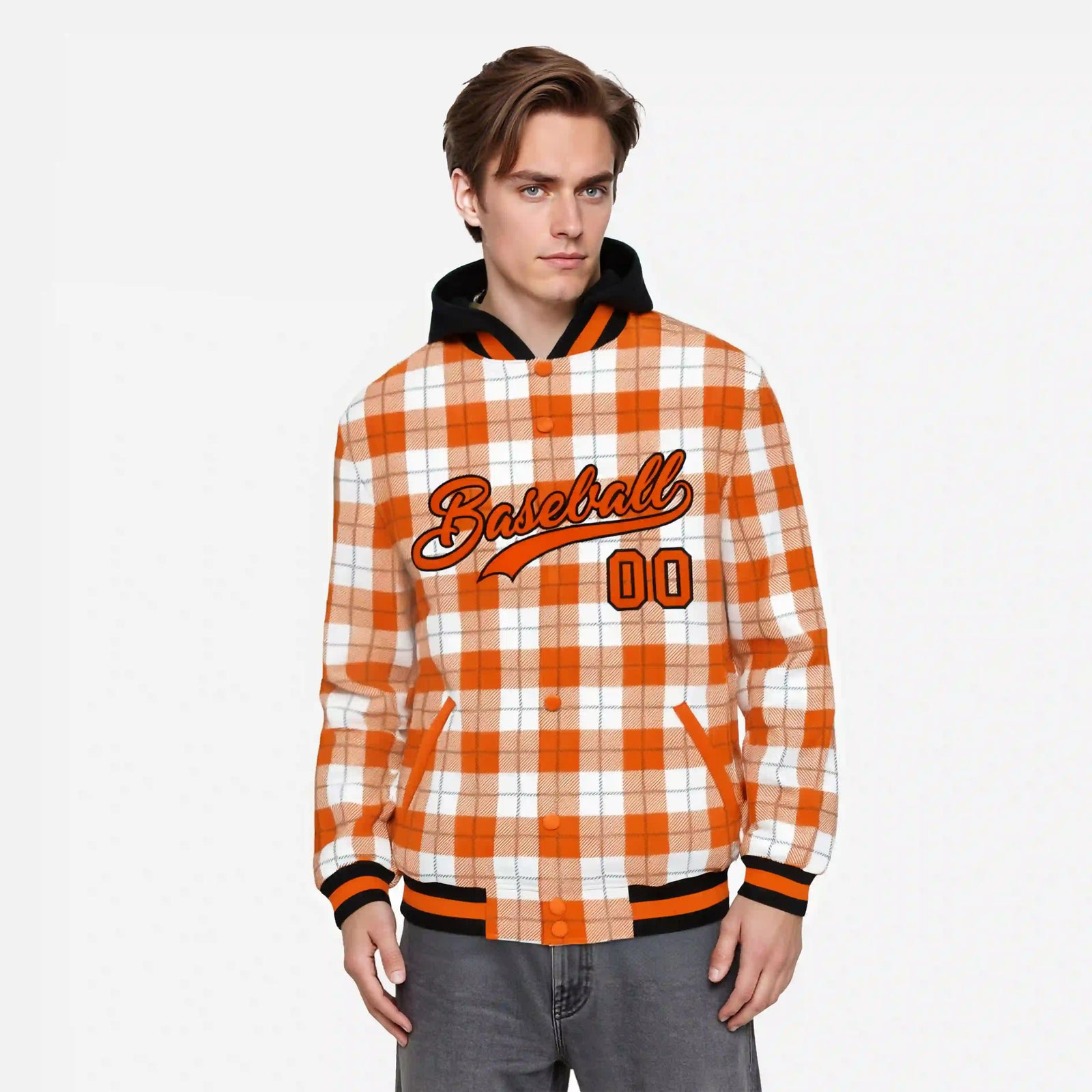 Custom Orange-White Varsity Full-Snap Plaid Pattern Letterman Baseball Jacket