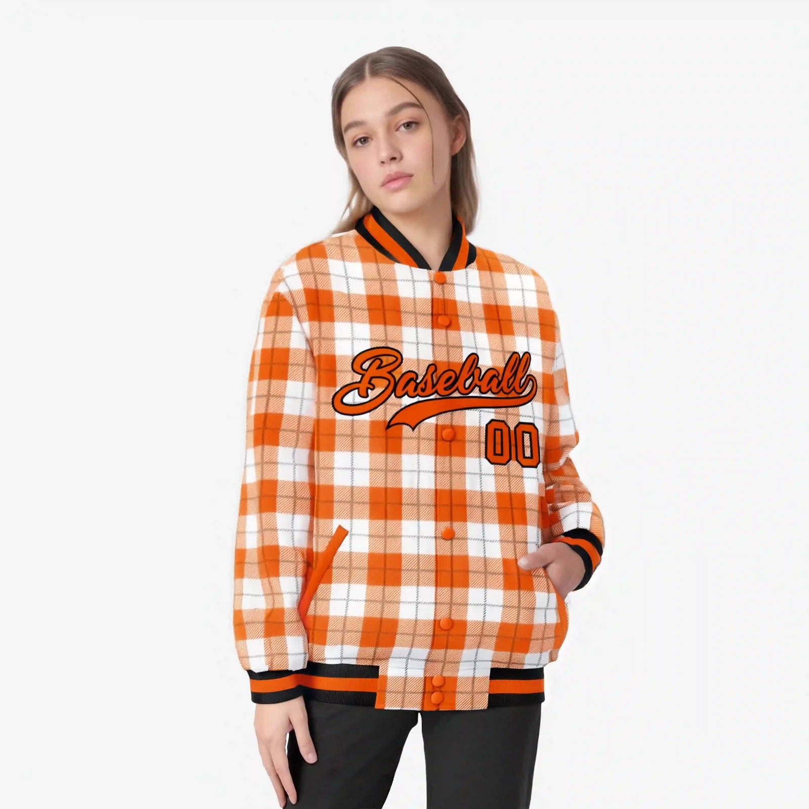 Custom Orange-White Varsity Full-Snap Plaid Pattern Letterman Baseball Jacket