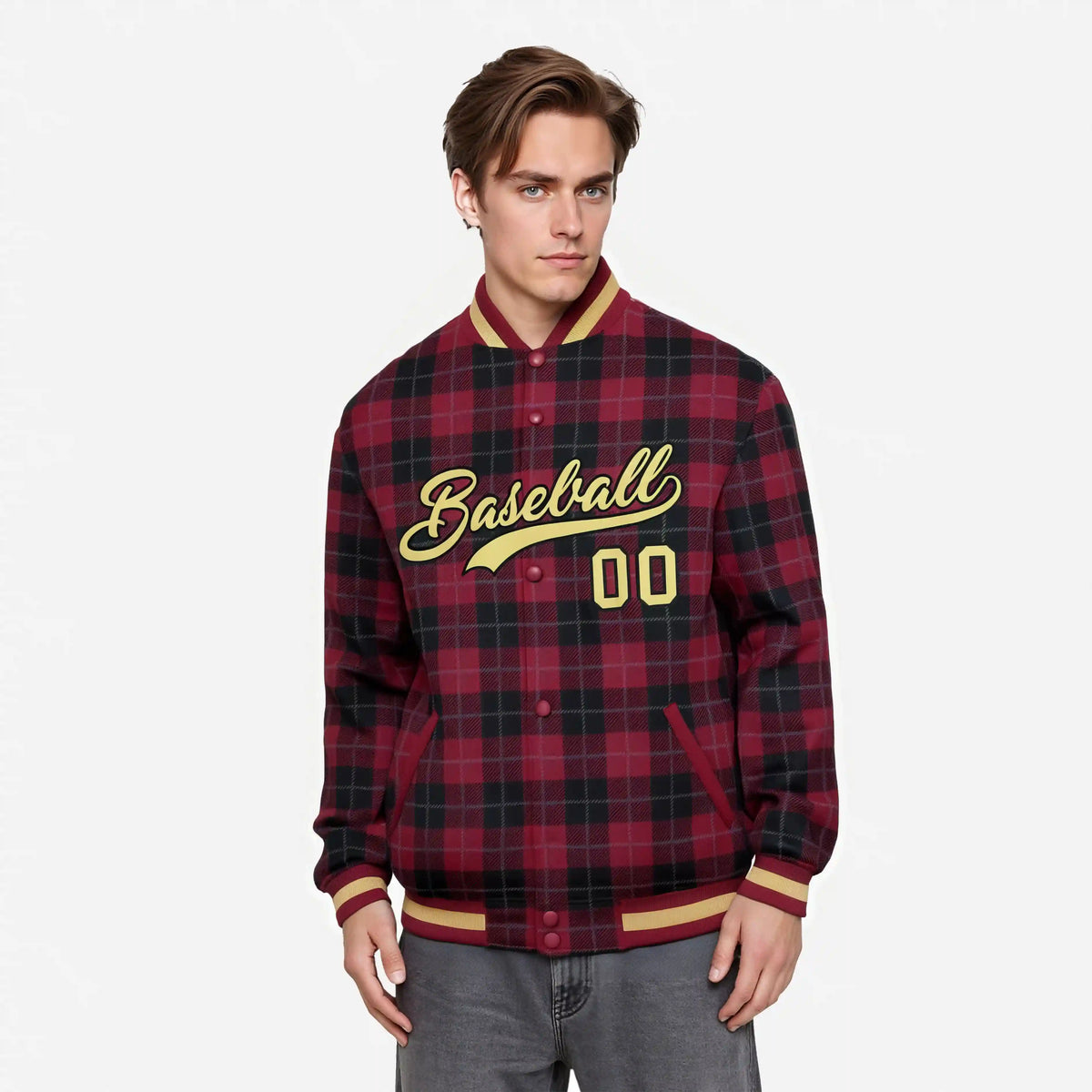 Custom Crimson-Black Varsity Full-Snap Plaid Pattern Letterman Baseball Jacket