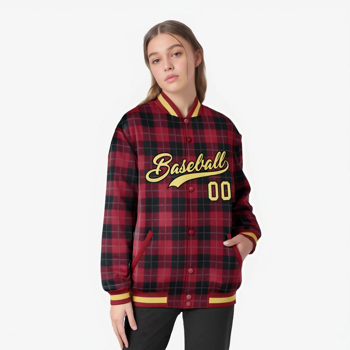 Custom Crimson-Black Varsity Full-Snap Plaid Pattern Letterman Baseball Jacket