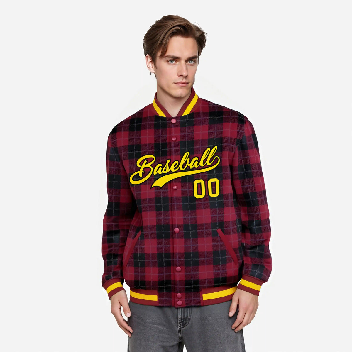 Custom Crimson-Black Varsity Full-Snap Plaid Pattern Letterman Baseball Jacket