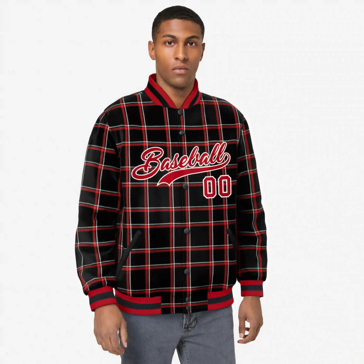 Custom Black-Red Varsity Full-Snap Plaid Pattern Letterman Baseball Jacket