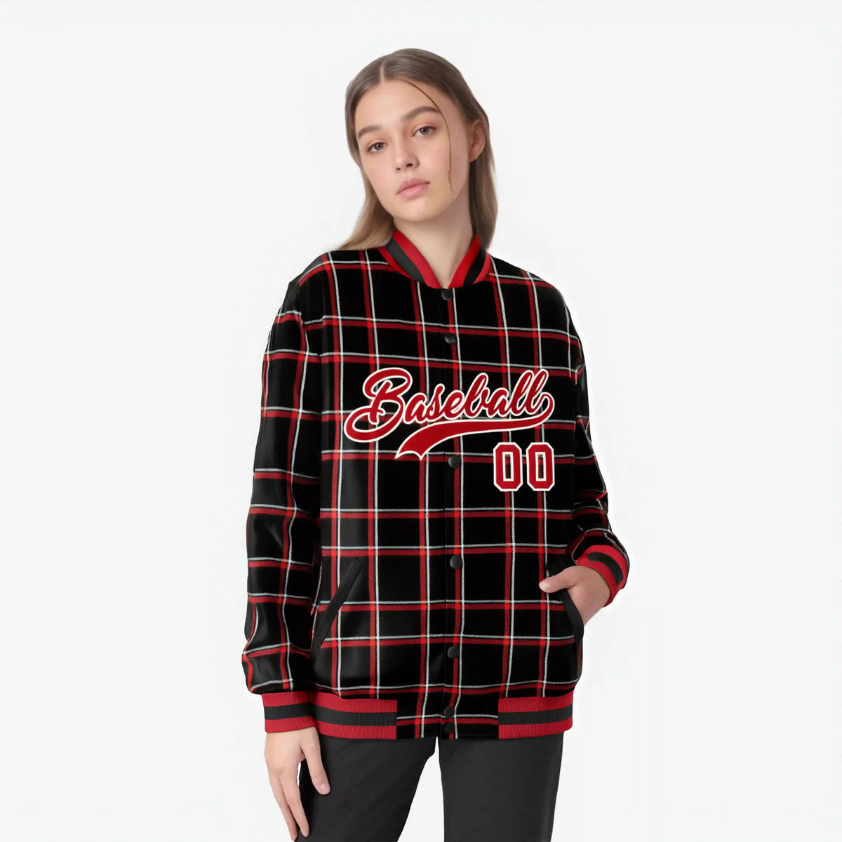 Custom Black-Red Varsity Full-Snap Plaid Pattern Letterman Baseball Jacket