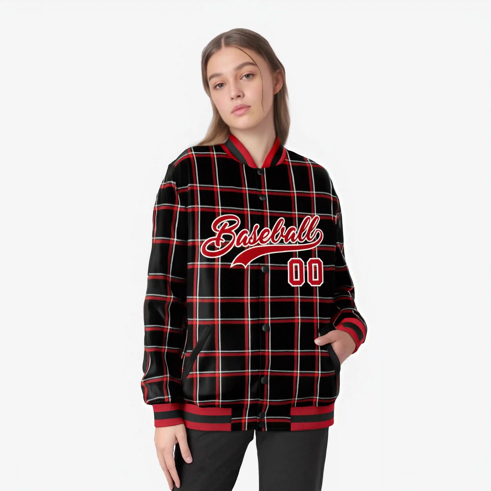 Custom Black-Red Varsity Full-Snap Plaid Pattern Letterman Baseball Jacket