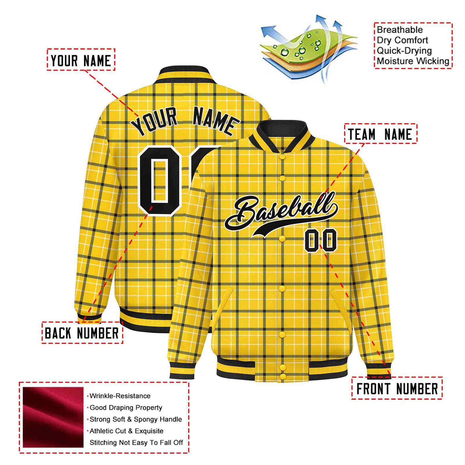 Custom Gold-Black Varsity Full-Snap Plaid Pattern Letterman Baseball Jacket