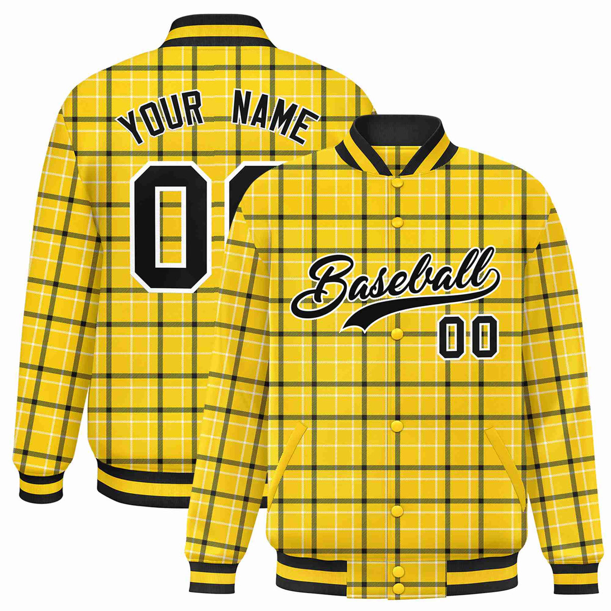 Custom Gold-Black Varsity Full-Snap Plaid Pattern Letterman Baseball Jacket