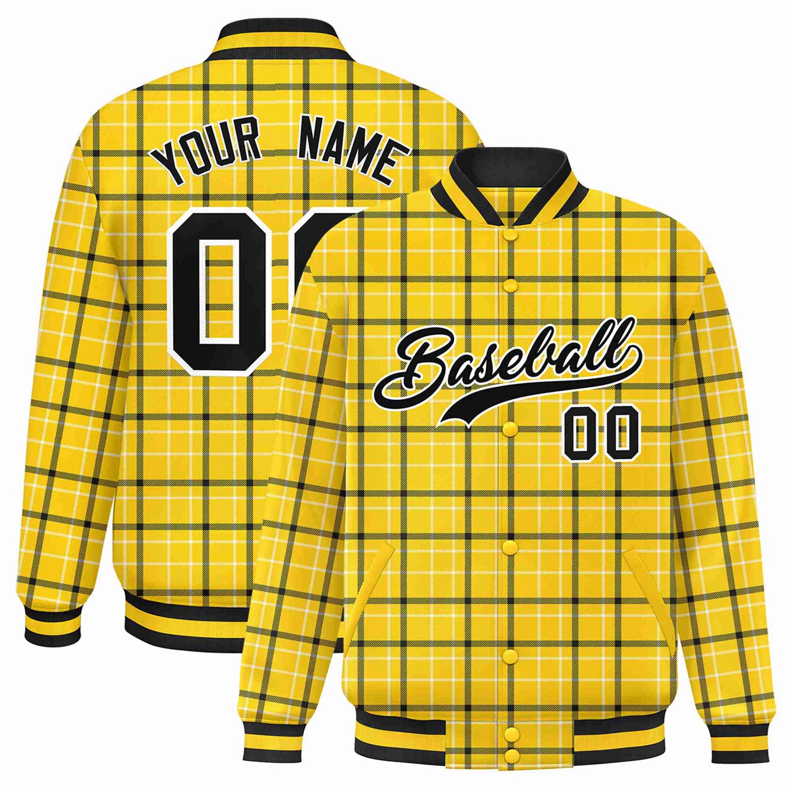 Custom Gold-Black Varsity Full-Snap Plaid Pattern Letterman Baseball Jacket