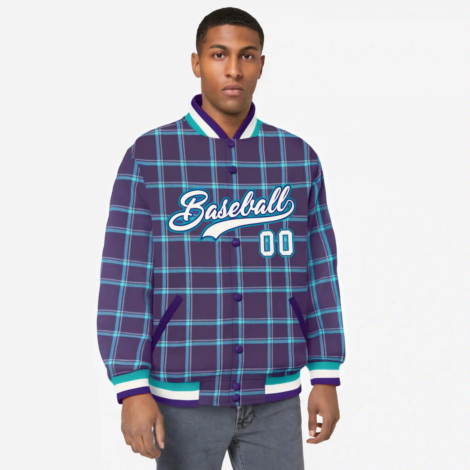 Custom Purple-Aqua Varsity Full-Snap Plaid Pattern Letterman Baseball Jacket