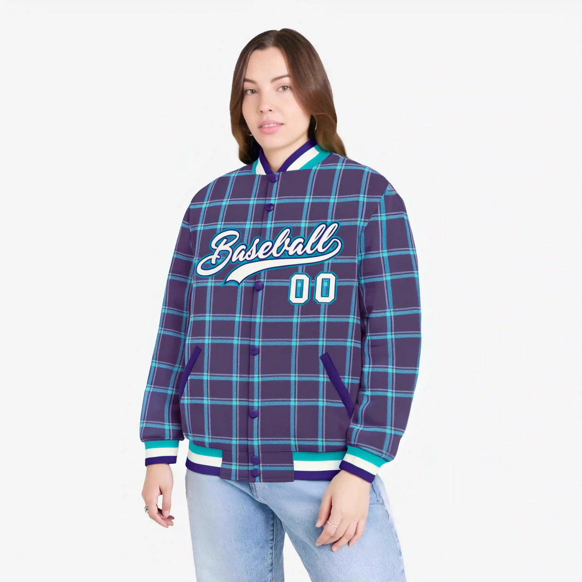 Custom Purple-Aqua Varsity Full-Snap Plaid Pattern Letterman Baseball Jacket