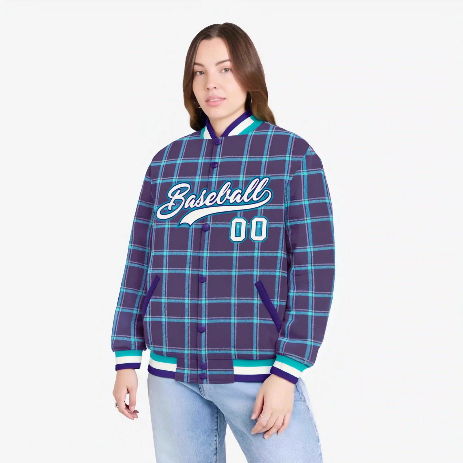 Custom Purple-Aqua Varsity Full-Snap Plaid Pattern Letterman Baseball Jacket