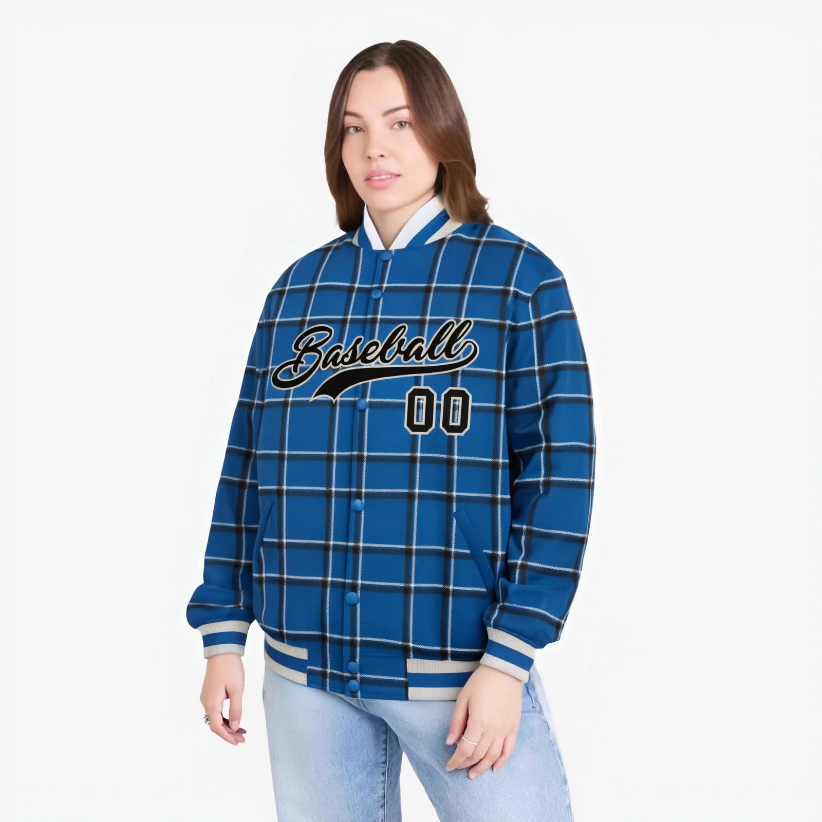 Custom Royal Blue-Black Varsity Full-Snap Plaid Pattern Letterman Baseball Jacket