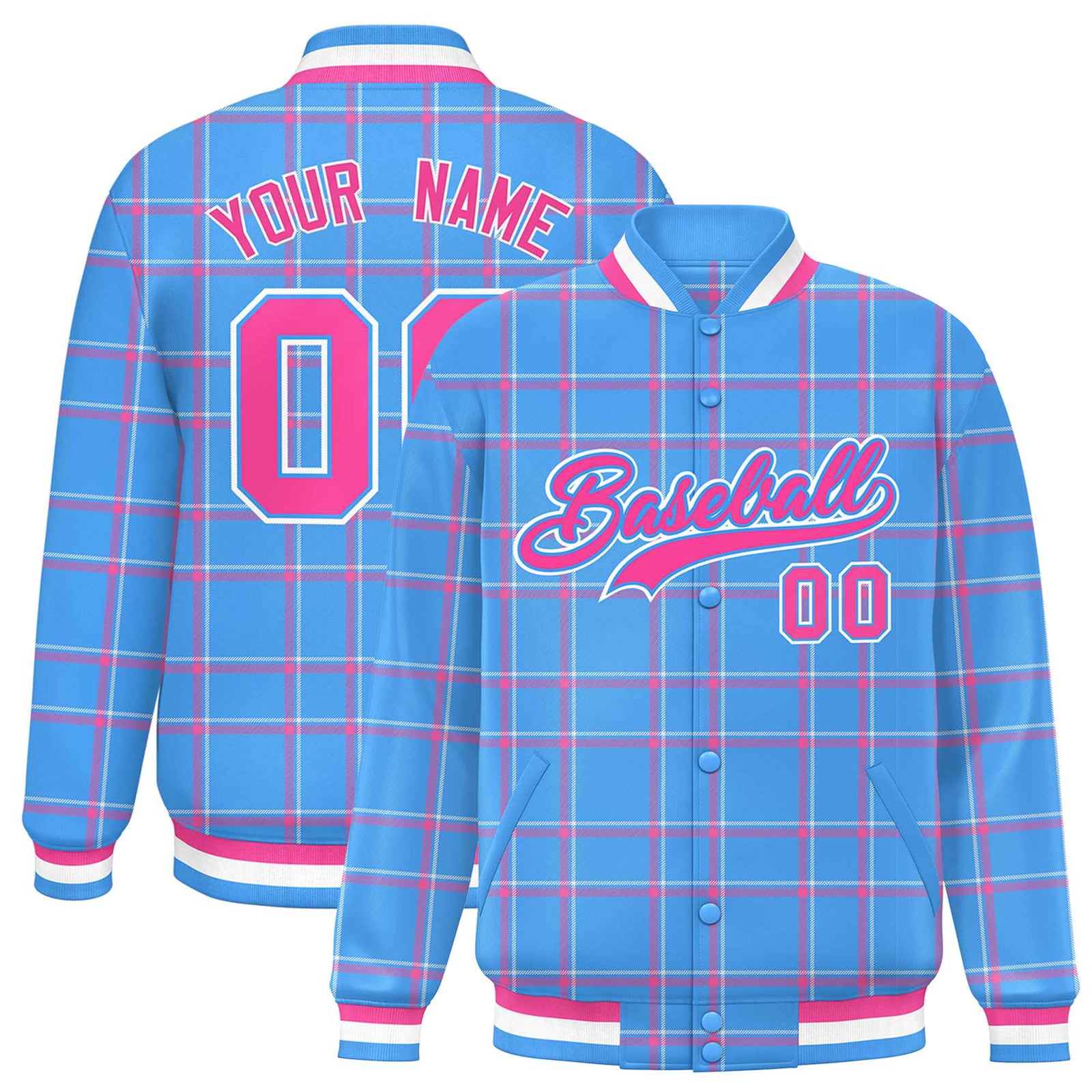Custom Powder Blue-Pink Varsity Full-Snap Plaid Pattern Letterman Baseball Jacket