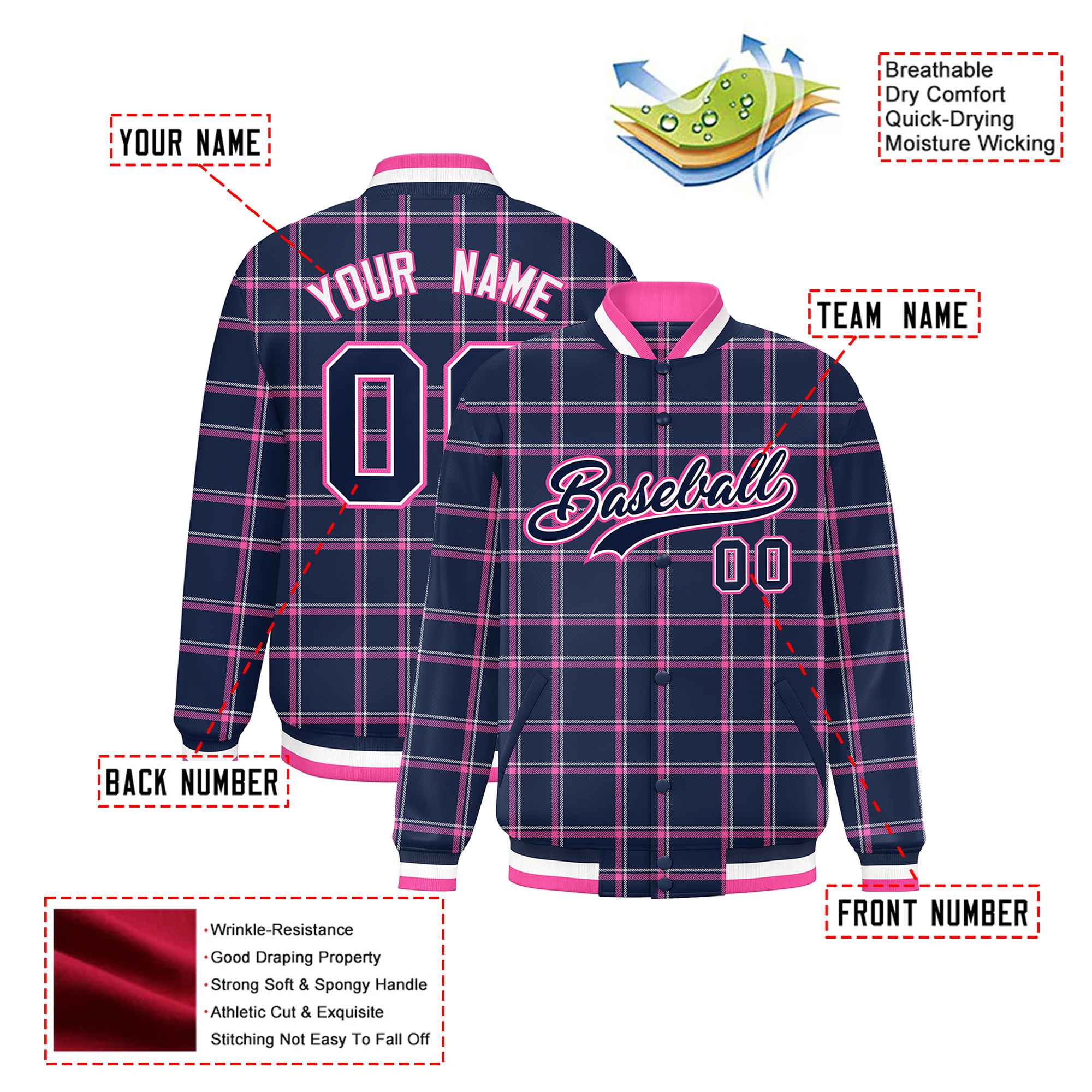 Custom Navy-Pink Varsity Full-Snap Plaid Pattern Letterman Baseball Jacket